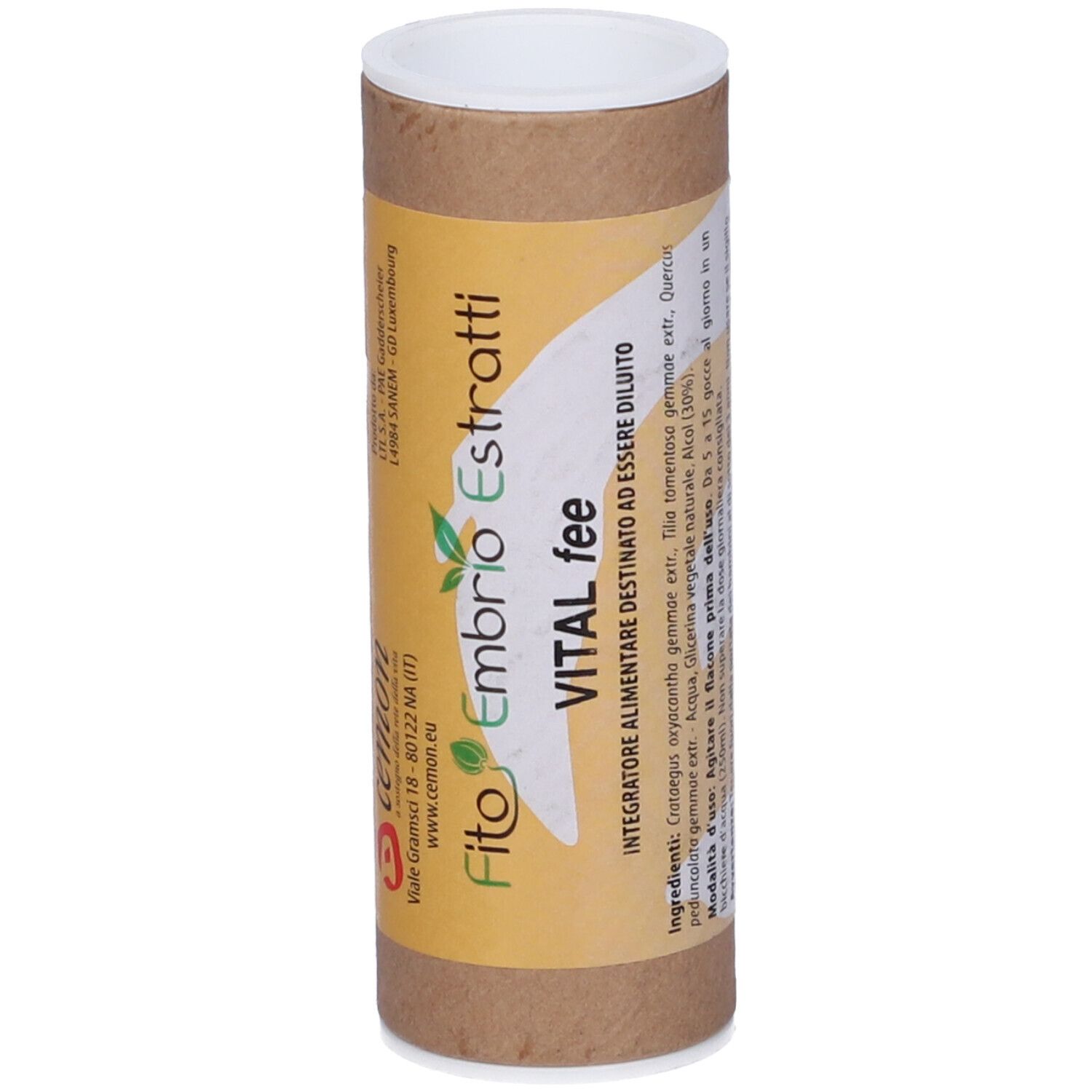 Confezione cilindrica in cartone. Scritta: Fito Embryo Estratti VITAL fee. Con elenco ingredienti.