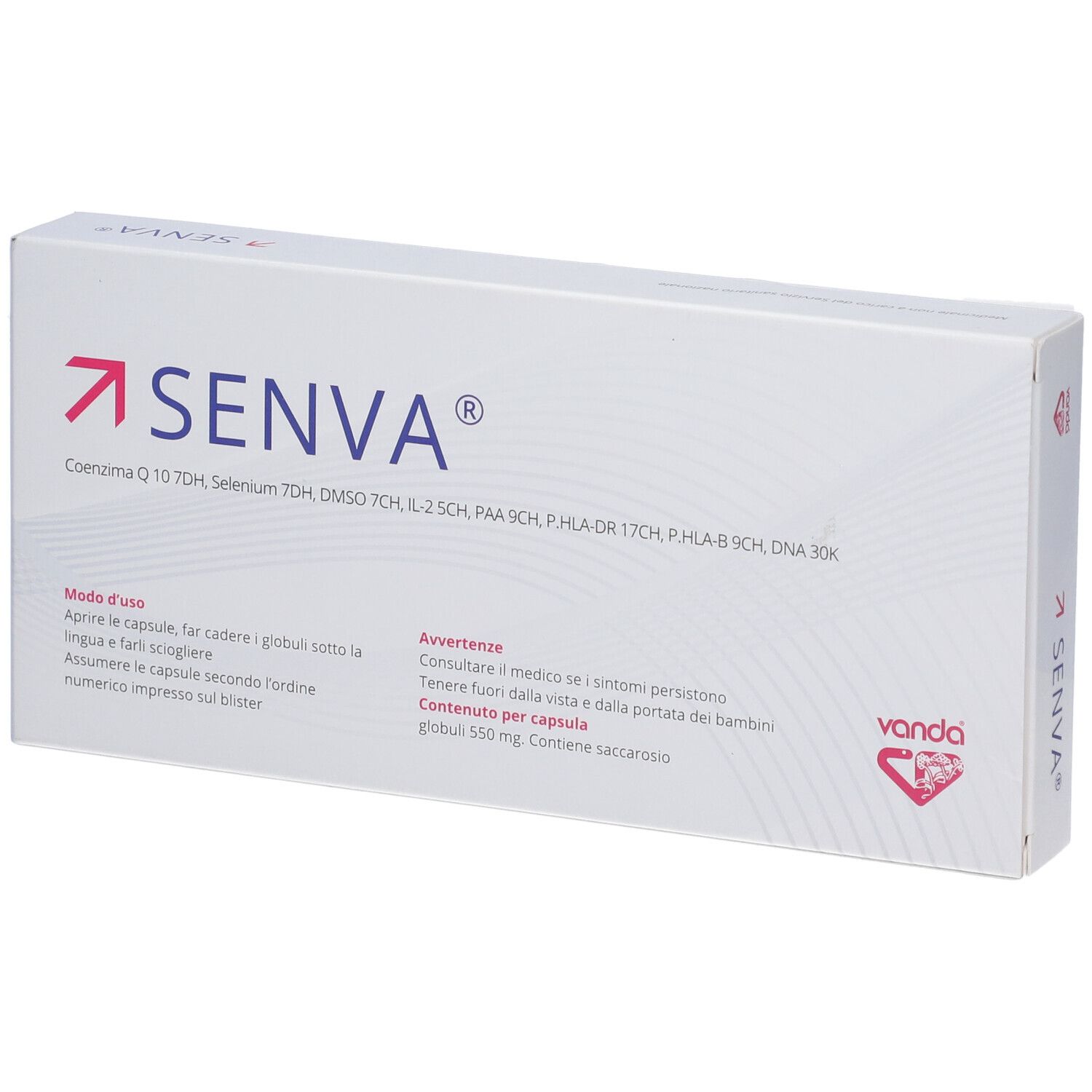 Confezione bianca con freccia rossa e scritta blu "SENVA". Contiene 30 capsule globulari.