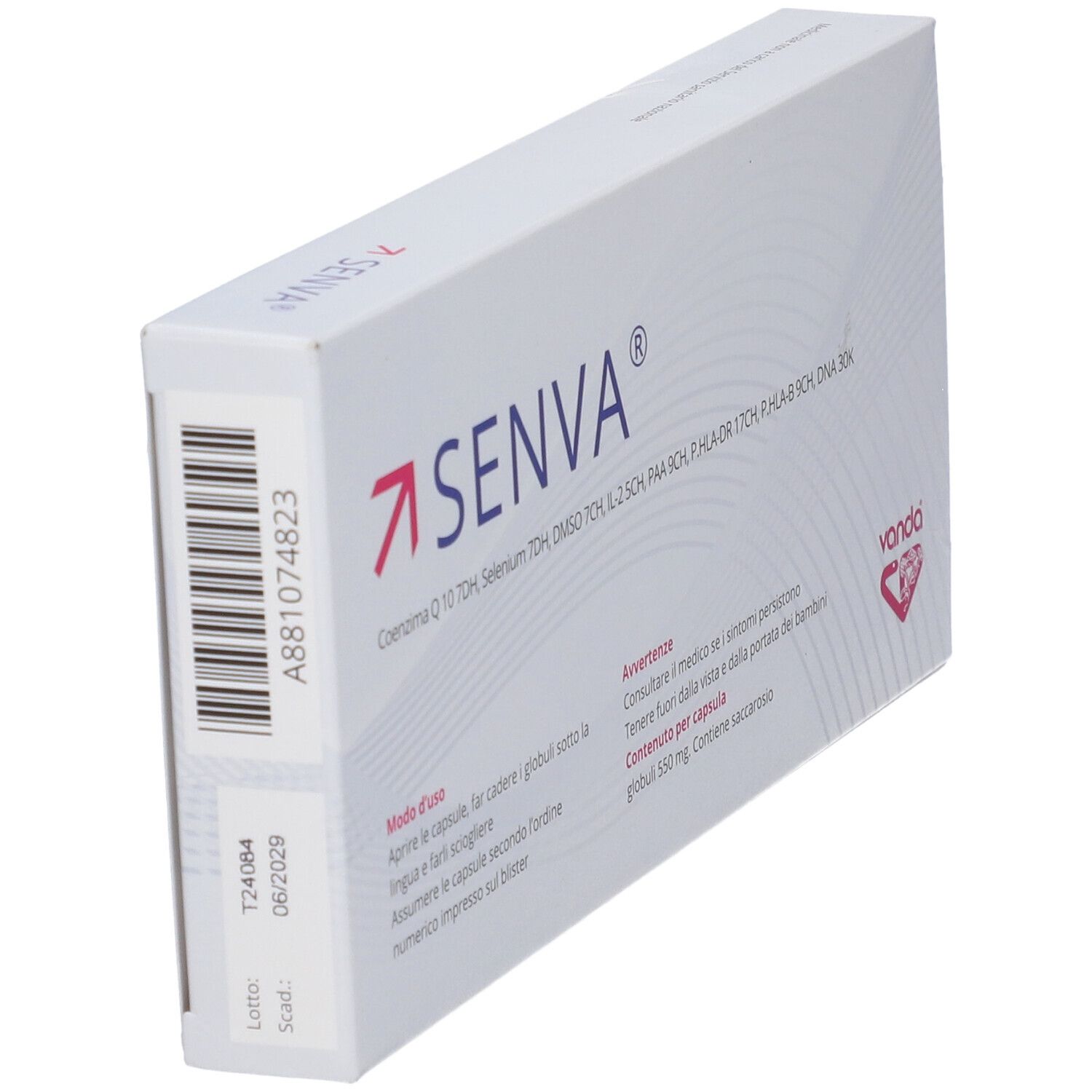 Confezione bianca con freccia rossa e scritta blu "SENVA". Contiene 30 capsule globulari.