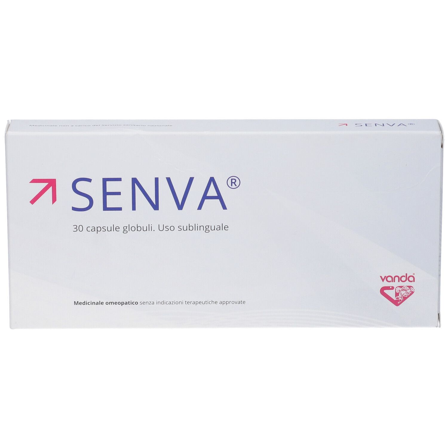 Confezione bianca con freccia rossa e scritta blu "SENVA". Contiene 30 capsule globulari.
