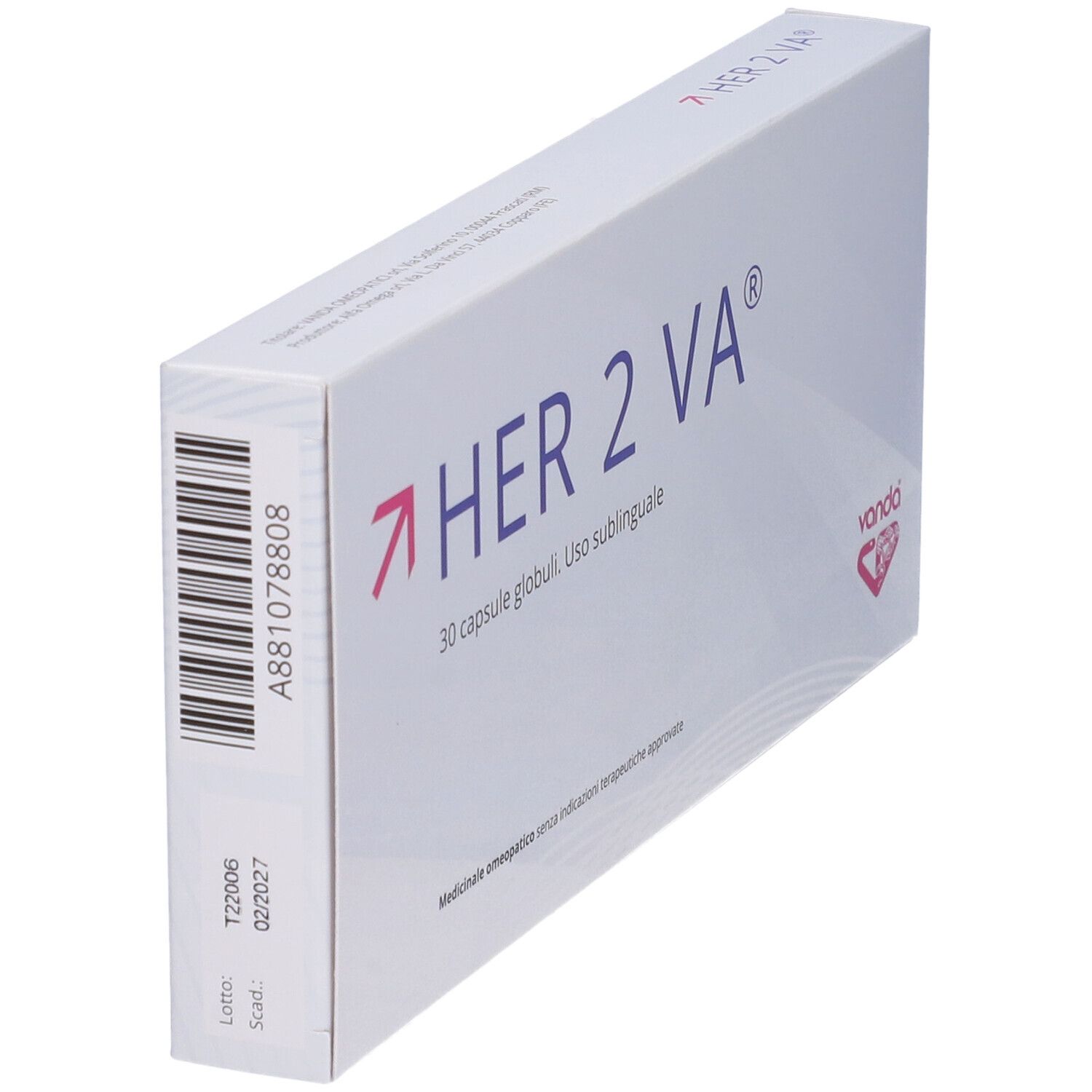 Scatola HER 2 VA®, 30 capsule, Globuli uso sublinguale. Marchio Vanda. Codice a barre e scadenza.