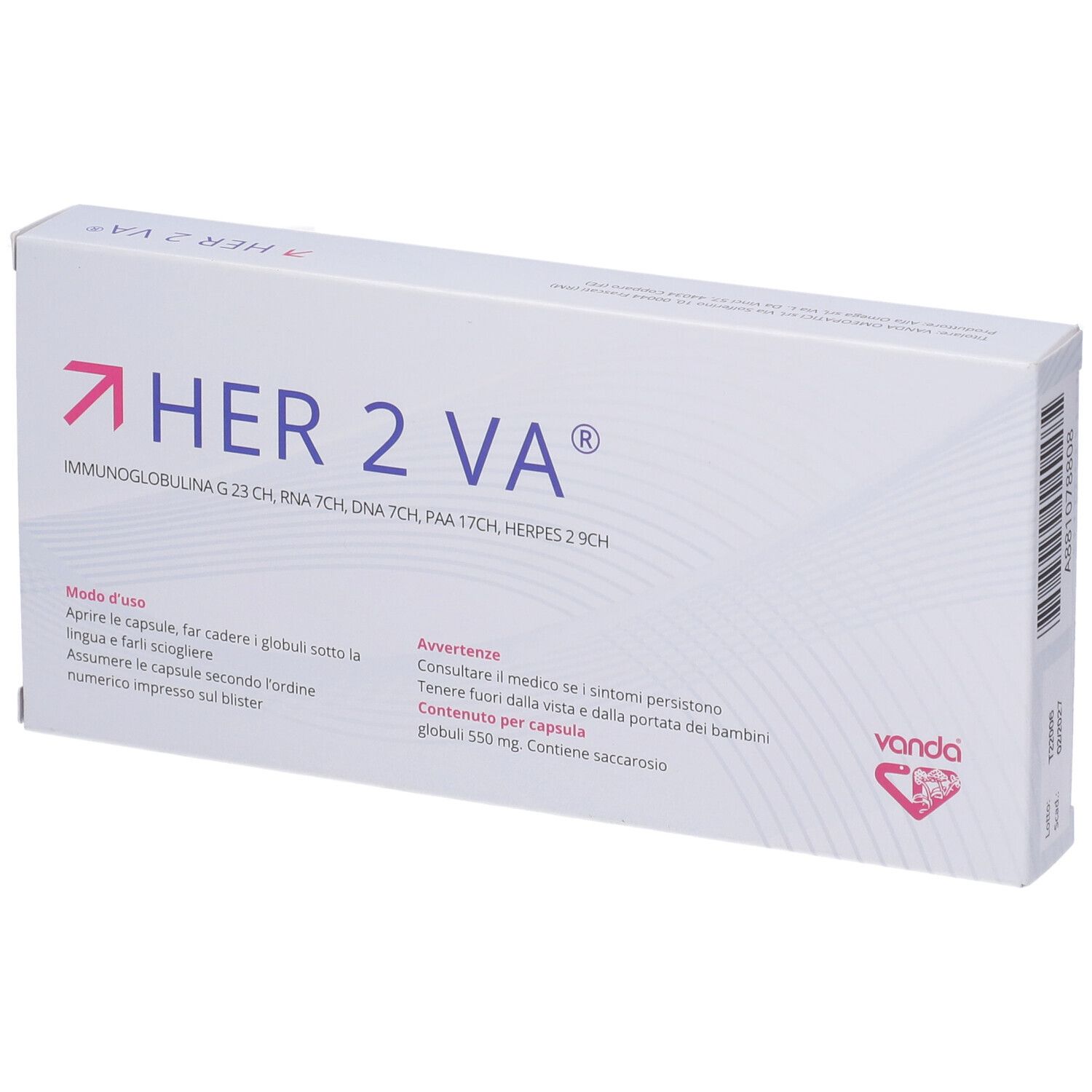Scatola HER 2 VA®, 30 capsule, Globuli uso sublinguale. Marchio Vanda. Informazioni aggiuntive.