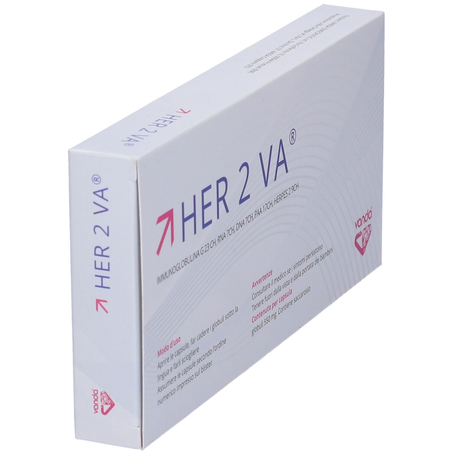 Scatola HER 2 VA®, 30 capsule, Globuli uso sublinguale. Marchio Vanda. Informazioni aggiuntive.