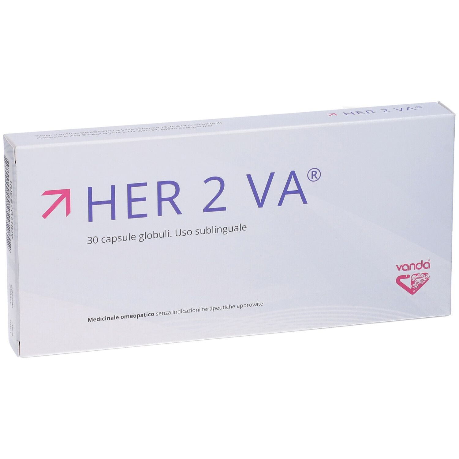 Scatola bianca HER 2 VA®, 30 capsule, Globuli uso sublinguale. Marchio Vanda.