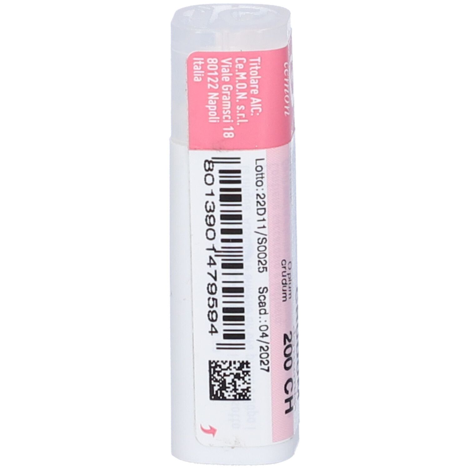Confezione cilindrica con fascia rosa. Scritte: Opium Crudum 200 CH, dynamis. Codice a barre e testo.