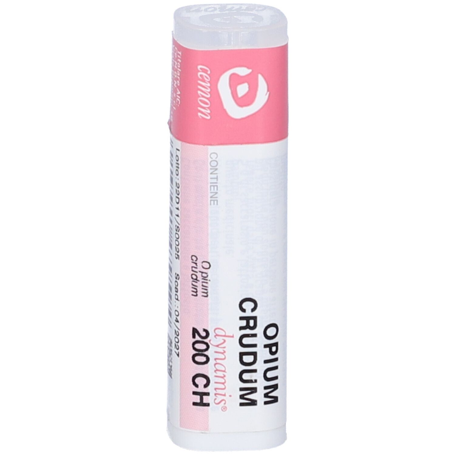 Confezione cilindrica con fascia rosa. Scritte: Opium Crudum 200 CH, dynamis. Testo.