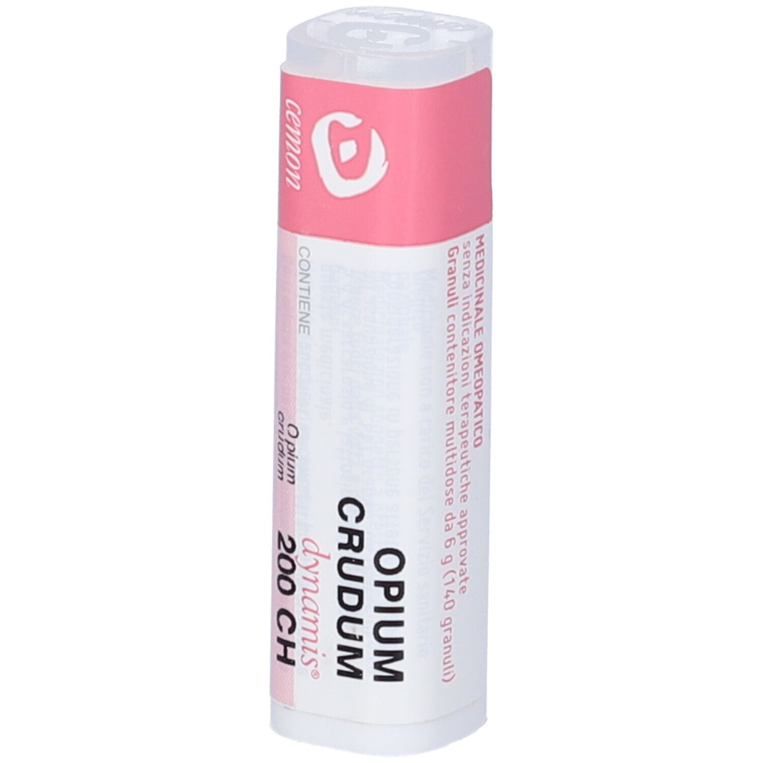 Confezione cilindrica con fascia rosa. Scritte: Opium Crudum 200 CH, dynamis. Testo.