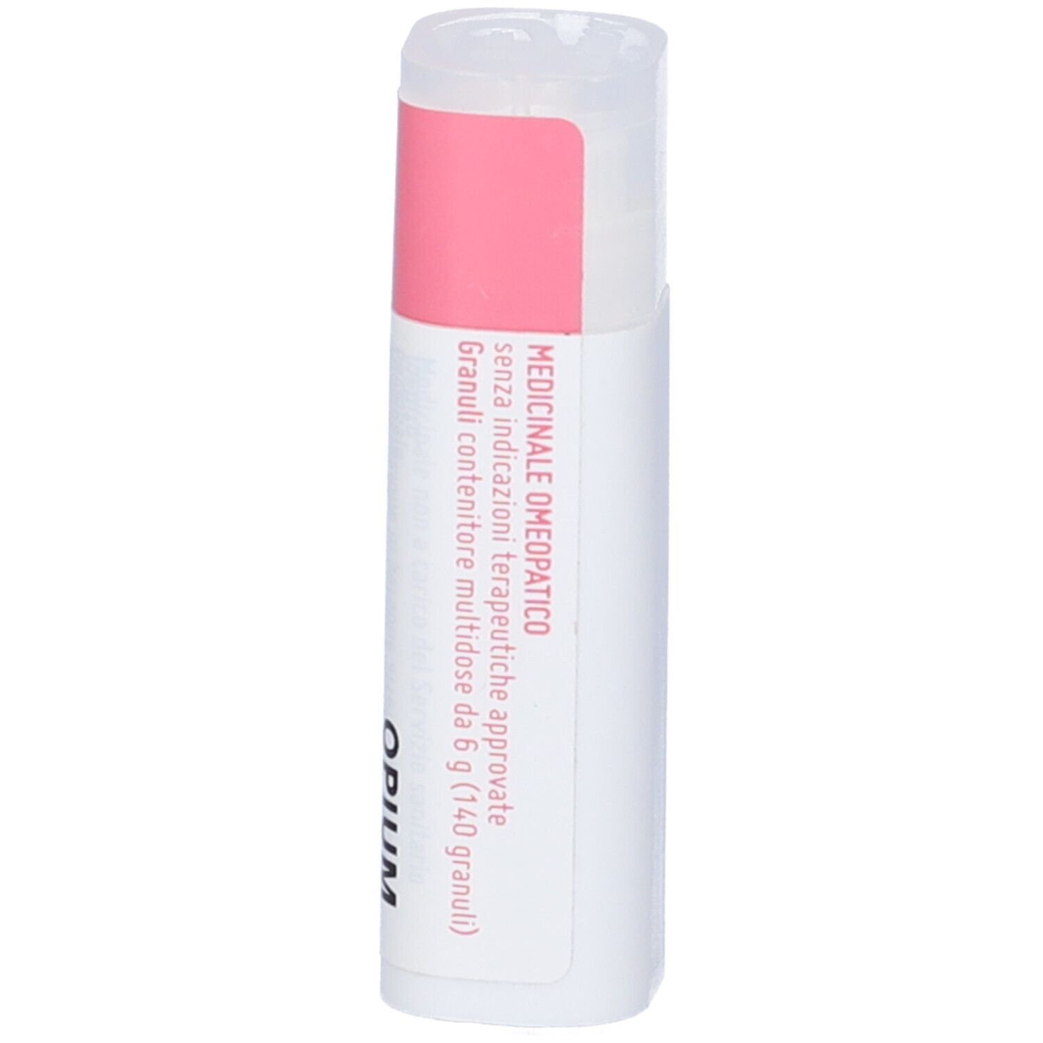Confezione cilindrica con fascia rosa. Scritta: Medicinale omeopatico. Testo.