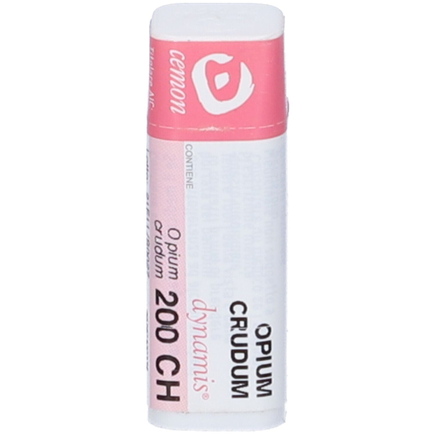 Confezione cilindrica bianca con etichetta rosa. Scritte: Opium Crudum 200 CH, cemon, dynamis.