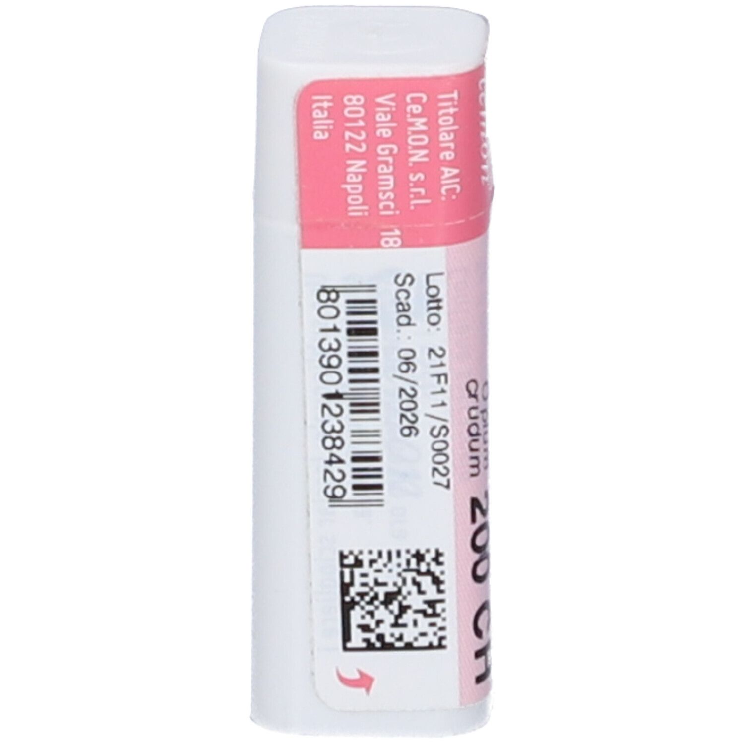 Confezione cilindrica bianca con etichetta rosa. Scritte: Opium Crudum 200 CH, cemon, dynamis. Dettagli e codice QR.