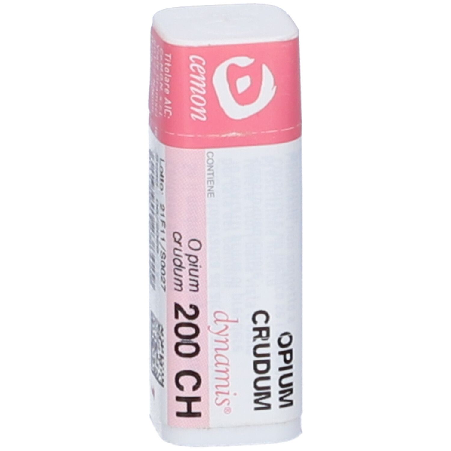 Confezione cilindrica bianca con etichetta rosa. Scritte: Opium Crudum 200 CH, cemon, dynamis.