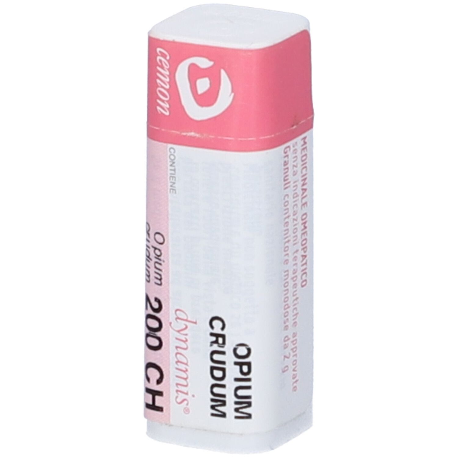 Confezione cilindrica bianca con etichetta rosa. Scritte: Opium Crudum 200 CH, cemon, dynamis. Informazioni aggiuntive.