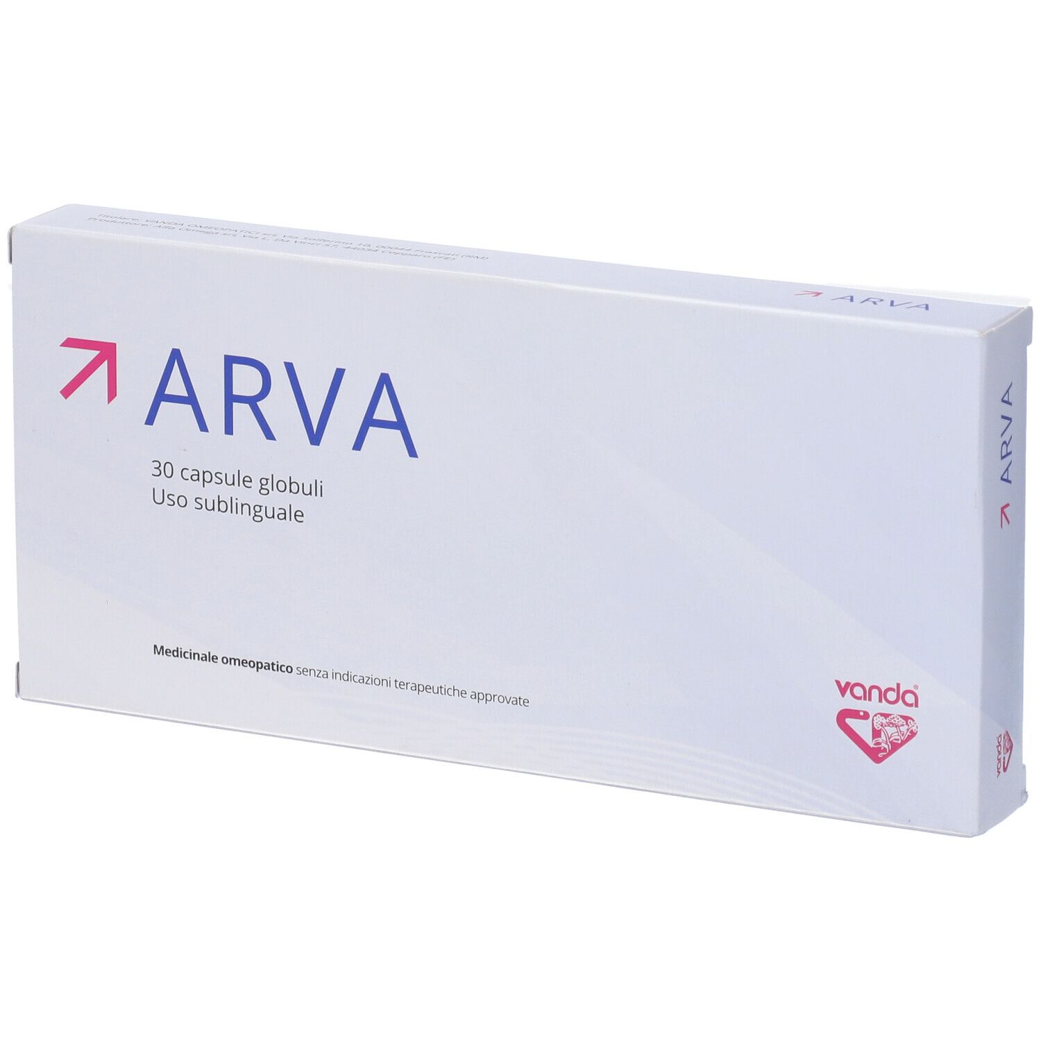 Scatola bianca con freccia rosa e scritta ARVA. Contiene 30 capsule. Sottotitolo: Globuli uso sublinguale. Marchio: Vanda.