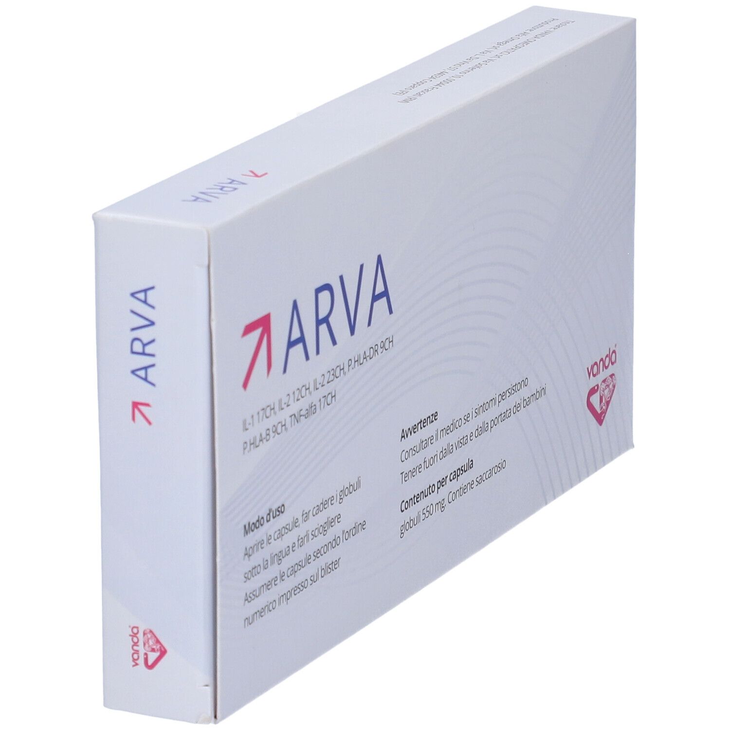 Scatola bianca con freccia rosa e scritta ARVA. Contiene 30 capsule. Sottotitolo: Globuli uso sublinguale. Marchio: Vanda.