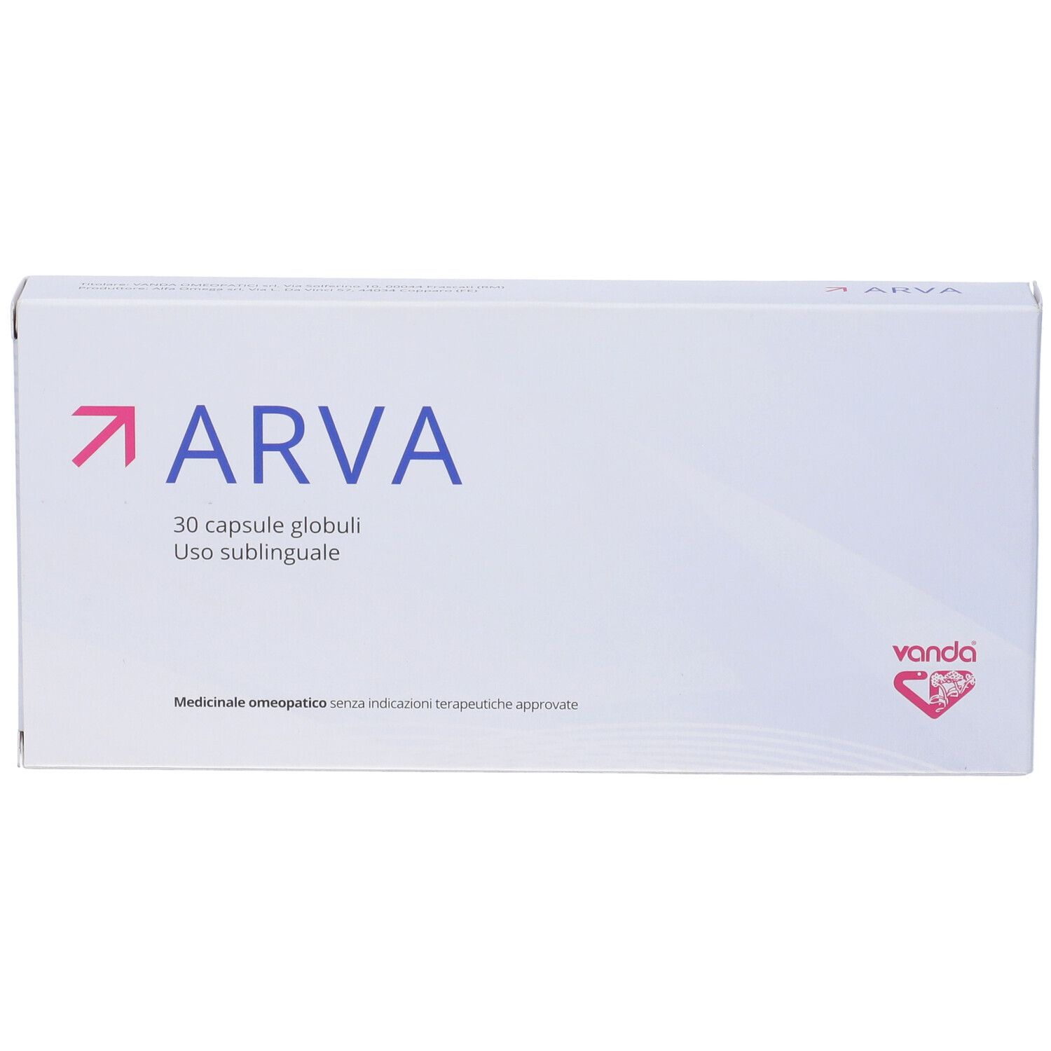 Scatola bianca con freccia rosa e scritta ARVA. Contiene 30 capsule. Sottotitolo: Globuli uso sublinguale. Marchio: Vanda.