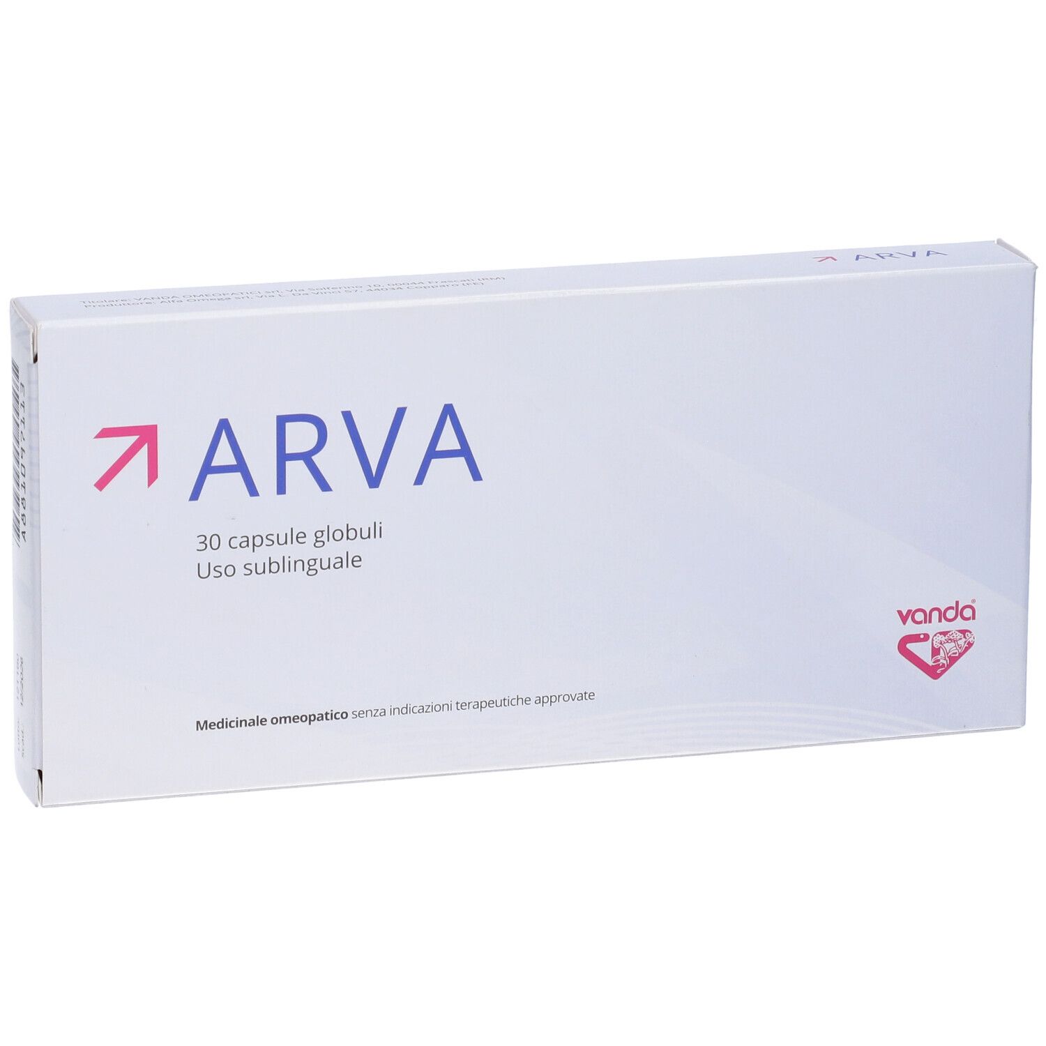 Scatola bianca con freccia rosa e scritta ARVA. Contiene 30 capsule. Sottotitolo: Globuli uso sublinguale. Marchio: Vanda.