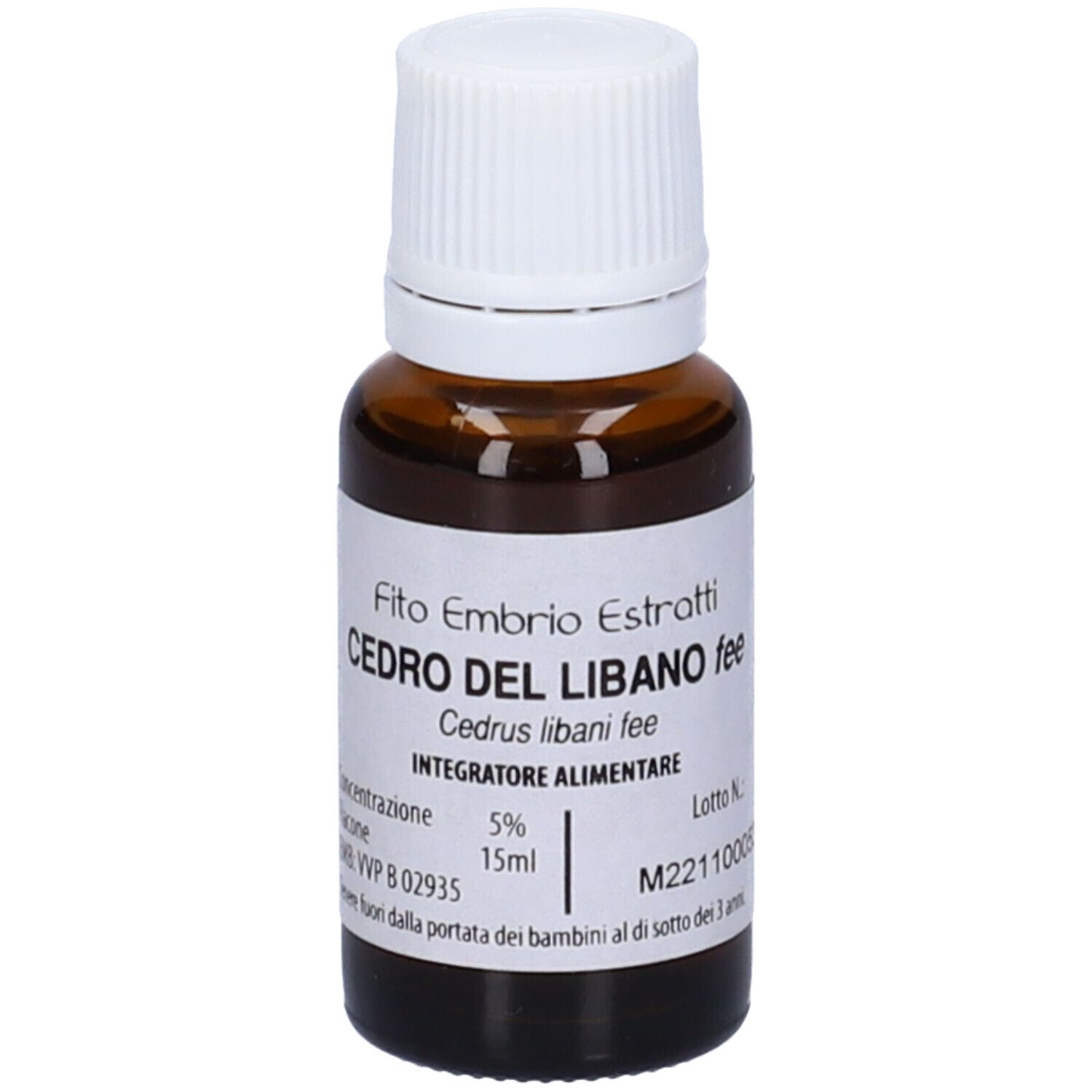 Flacone di vetro marrone con tappo bianco. Scritta: Fito Embrio Estratti Cedro del Libano fee, 15ml.