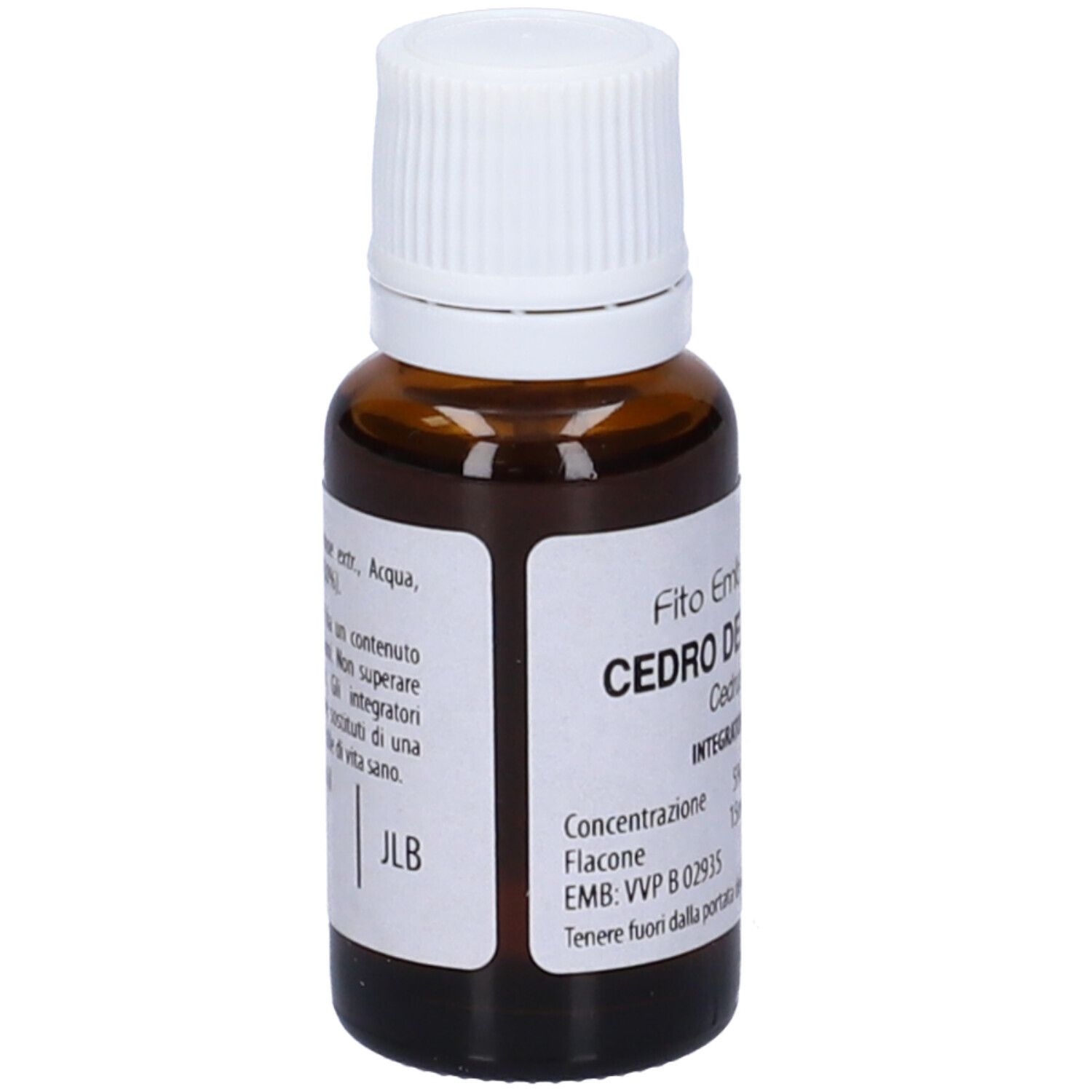 Flacone di vetro marrone con tappo bianco. Scritta: Fito Embrio Estratti Cedro del Libano fee, 15ml.