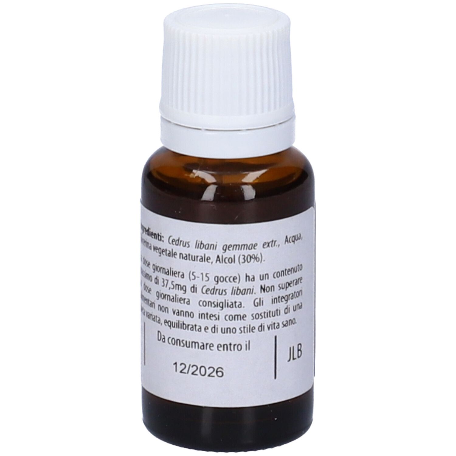 Flacone di vetro marrone con tappo bianco. Scritta: Fito Embrio Estratti Cedro del Libano fee, 15ml.
