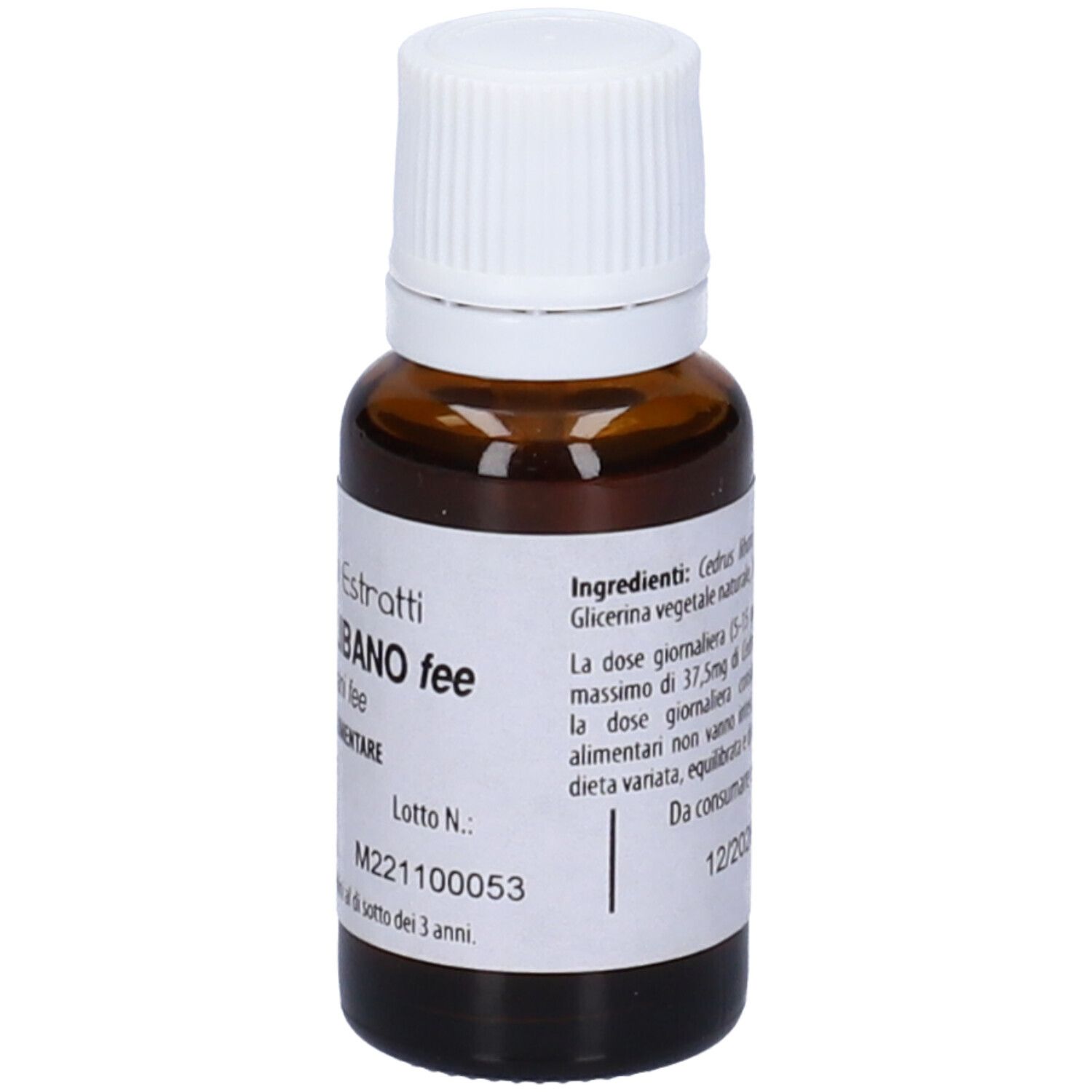 Flacone di vetro marrone con tappo bianco. Scritta: Fito Embrio Estratti Cedro del Libano fee, 15ml.