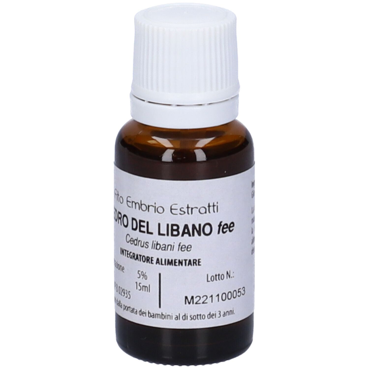 Flacone di vetro marrone con tappo bianco. Scritta: Fito Embrio Estratti Cedro del Libano fee, 15ml.