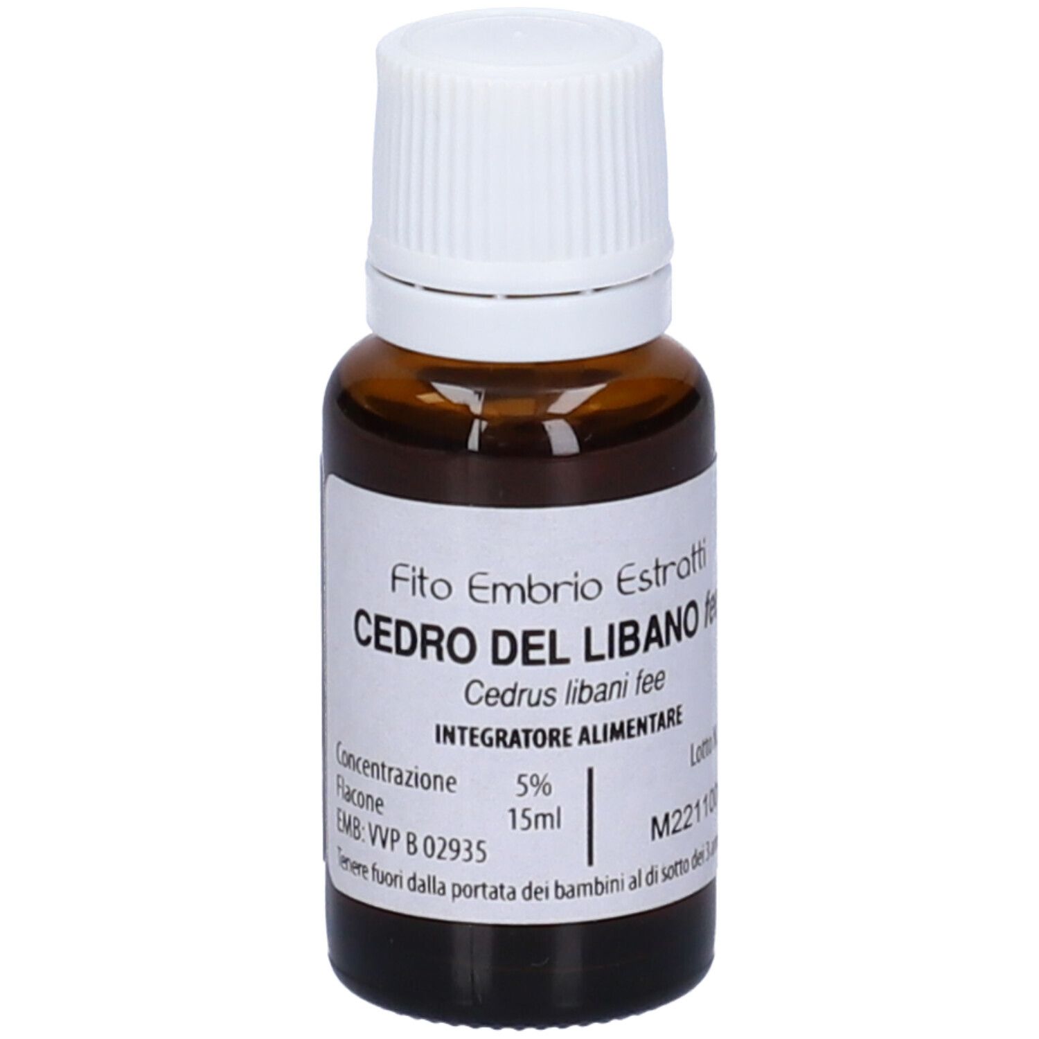 Flacone di vetro marrone con tappo bianco. Scritta: Fito Embrio Estratti Cedro del Libano fee, 15ml.