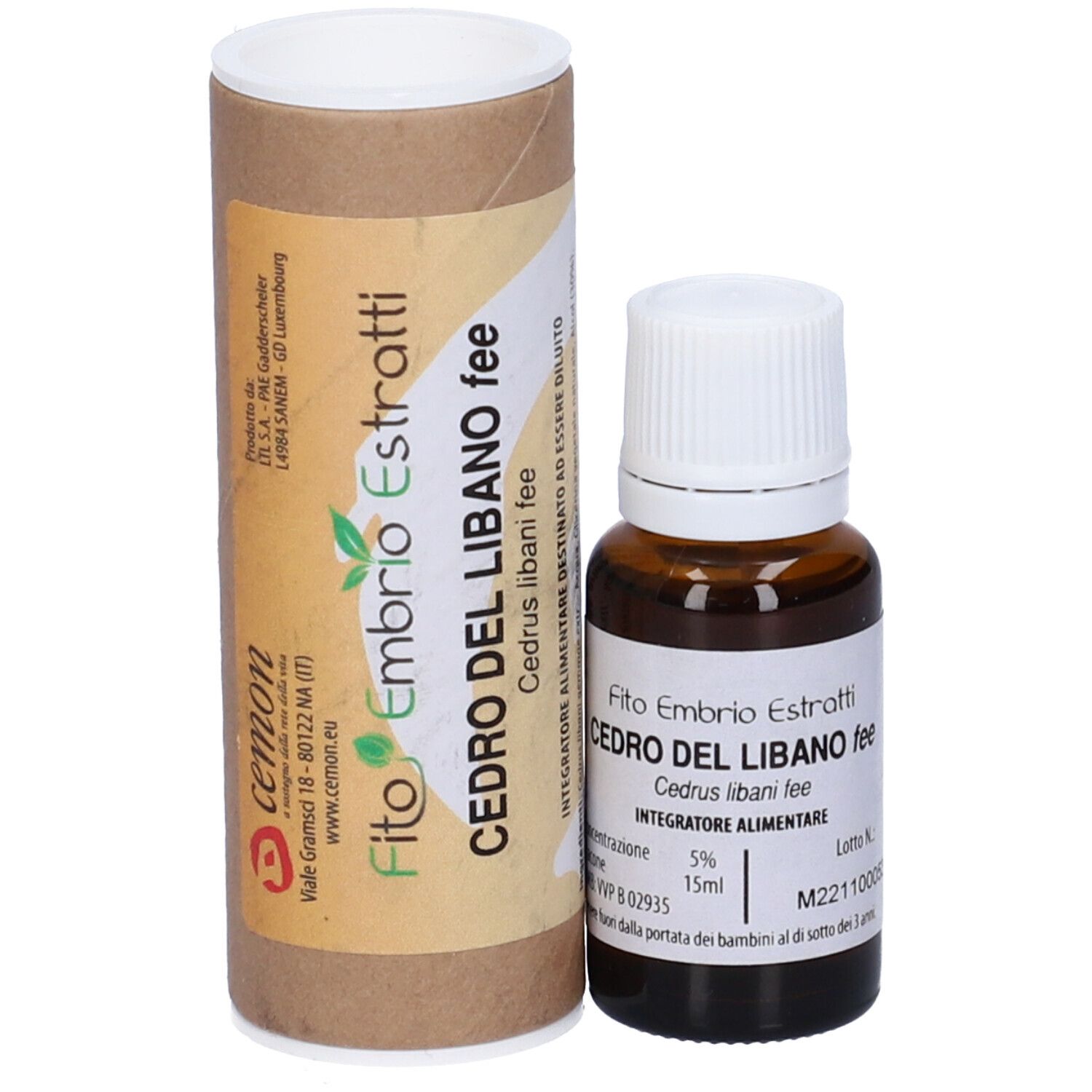 Flacone di vetro marrone con tappo bianco e confezione di cartone marrone. Scritta: Fito Embrio Estratti Cedro del Libano fee.