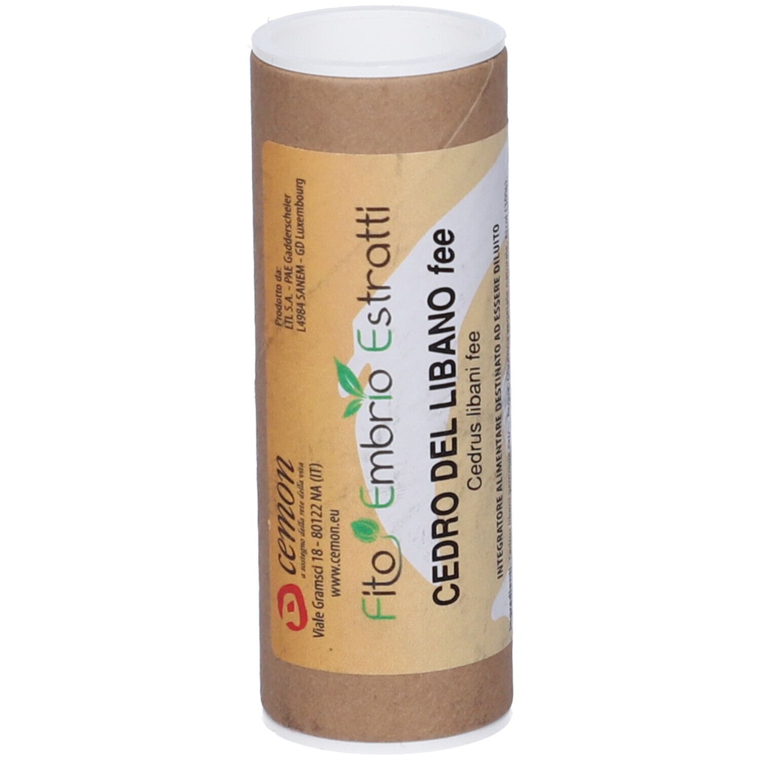 Confezione di cartone marrone con scritta: Fito Embrio Estratti Cedro del Libano fee.