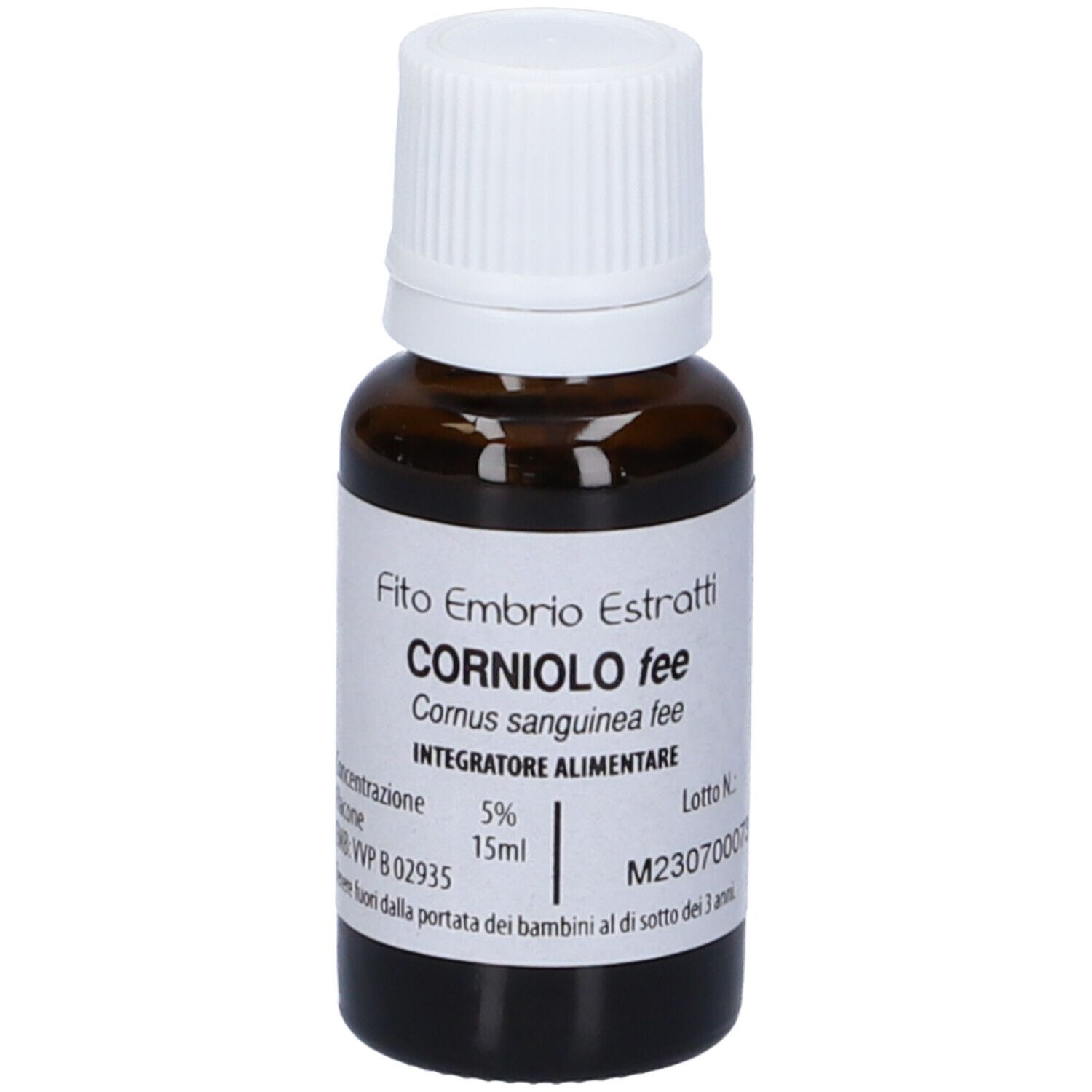 Flacone di vetro marrone con tappo bianco. Scritta: Fito Embryo Estratti, Corniolo fee, 15 ml, Integratore Alimentare.