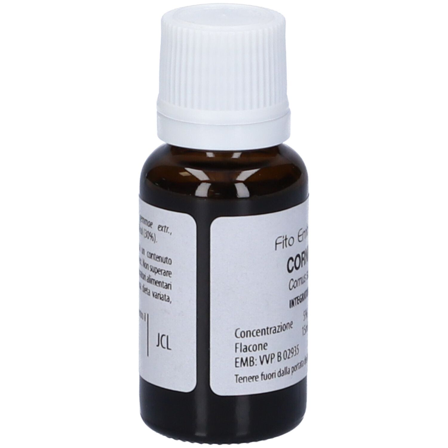 Flacone di vetro marrone con tappo bianco. Scritta: Fito Embryo Estratti, Corniolo fee, 15 ml, Integratore Alimentare, 12/2027.