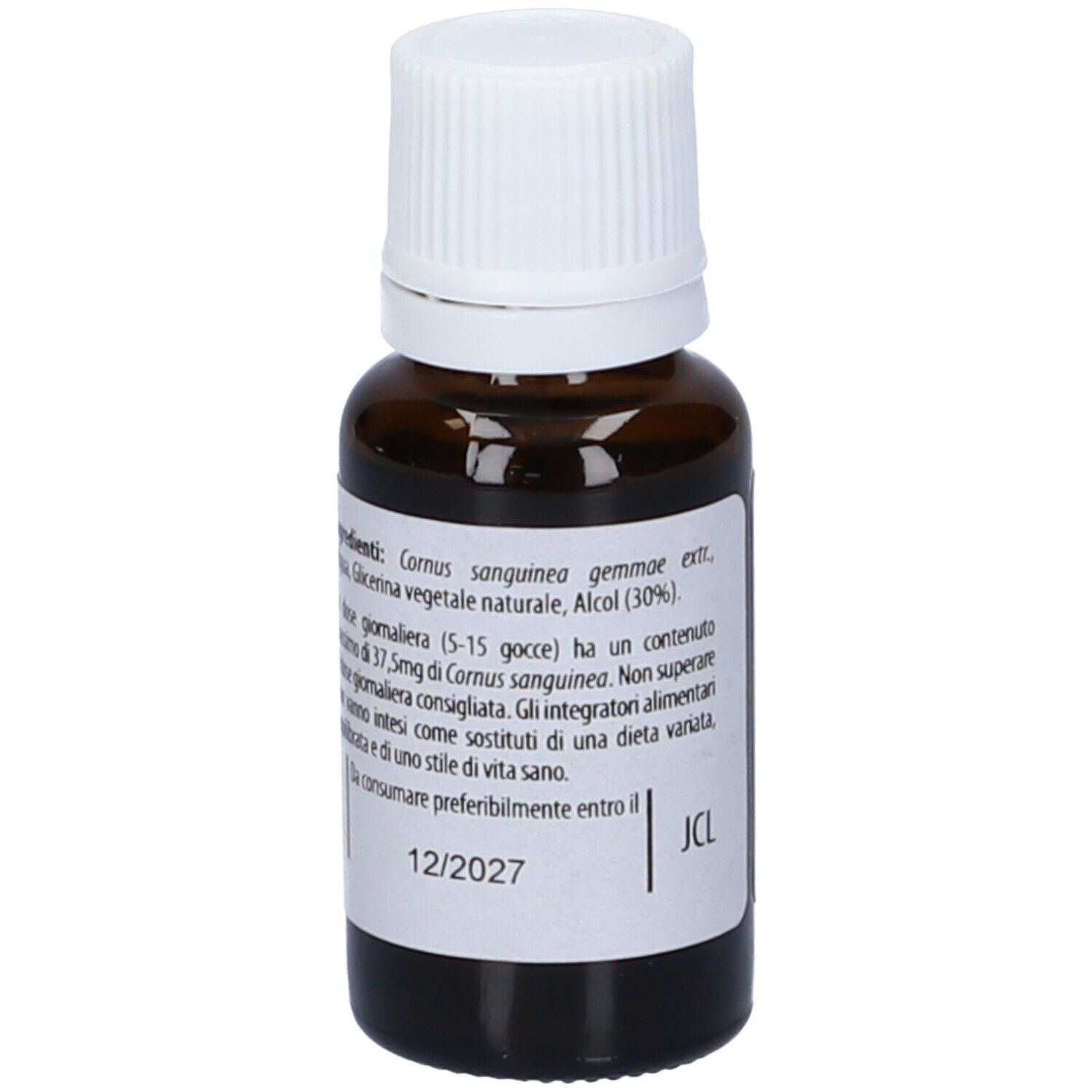 Flacone di vetro marrone con tappo bianco. Scritta: Fito Embryo Estratti, Corniolo fee, 15 ml, Integratore Alimentare, 12/2027.