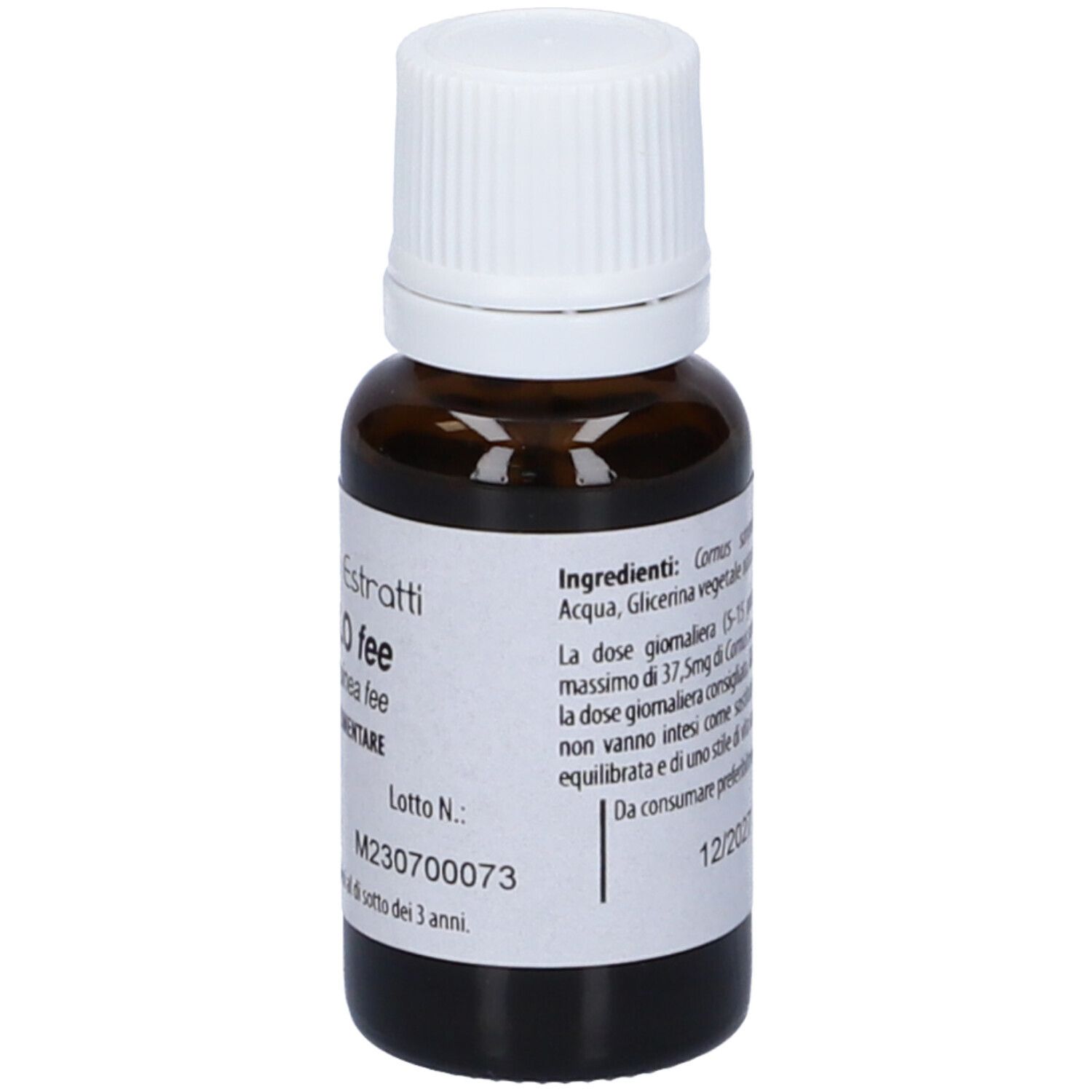 Flacone di vetro marrone con tappo bianco. Scritta: Fito Embryo Estratti, Corniolo fee, 15 ml, Integratore Alimentare, M230700073.