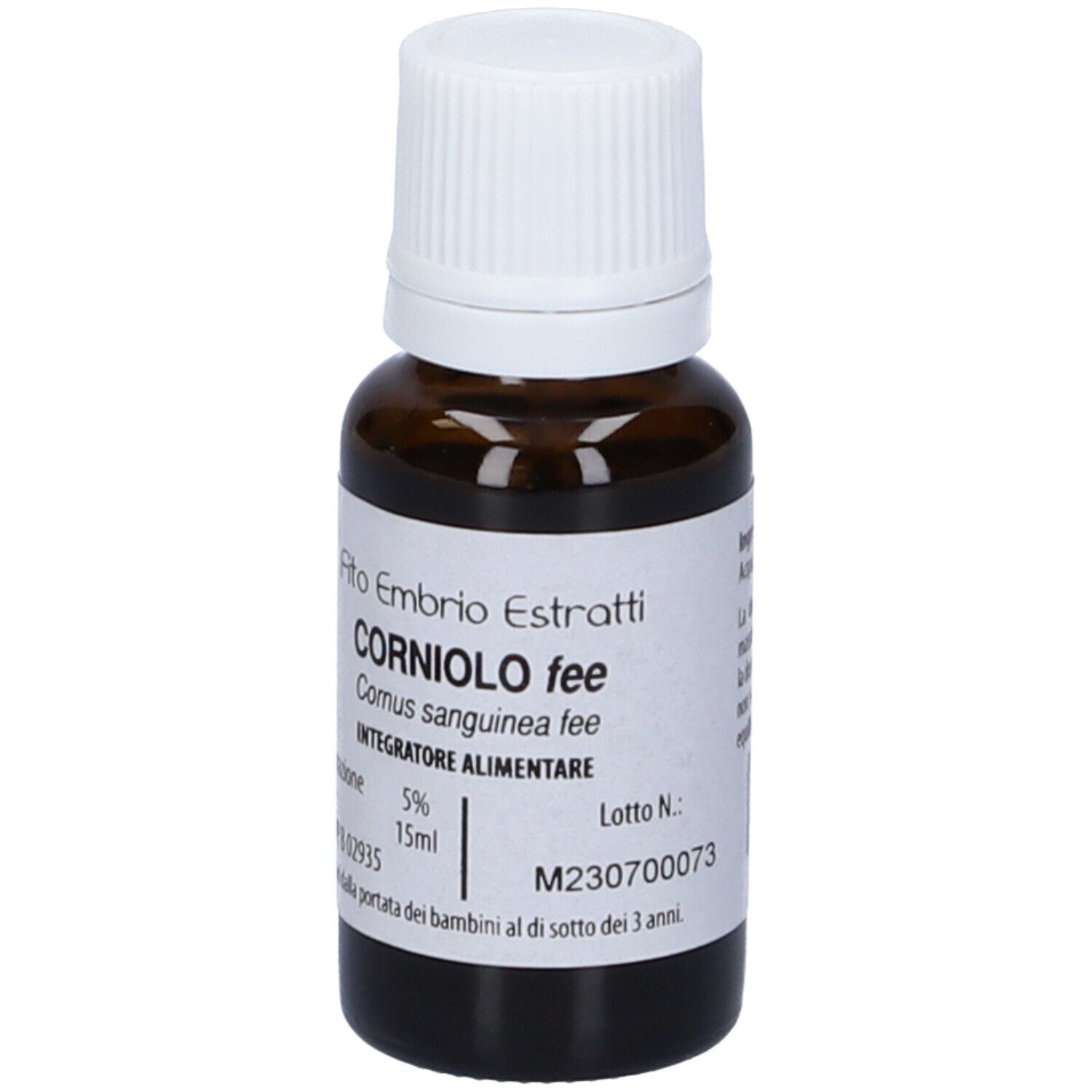 Flacone di vetro marrone con tappo bianco. Scritta: Fito Embryo Estratti, Corniolo fee, 15 ml, Integratore Alimentare, M230700073.