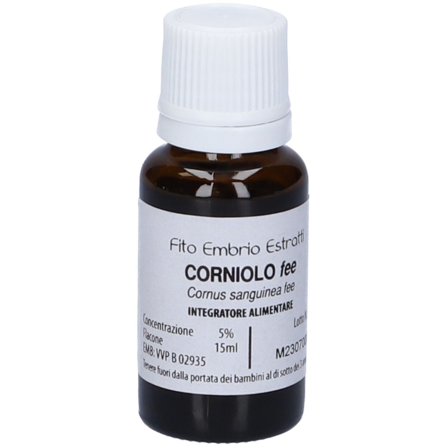 Flacone di vetro marrone con tappo bianco. Scritta: Fito Embryo Estratti, Corniolo fee, 15 ml, Integratore Alimentare, B 02935.