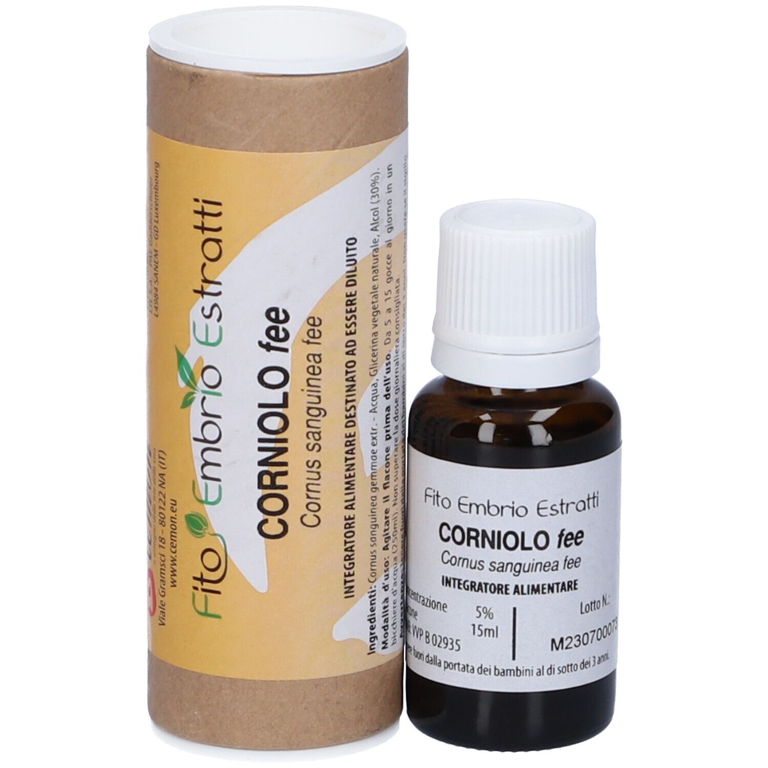 Flacone di vetro marrone con tappo bianco e confezione cilindrica. Scritta: Fito Embryo Estratti, Corniolo fee, 15 ml.