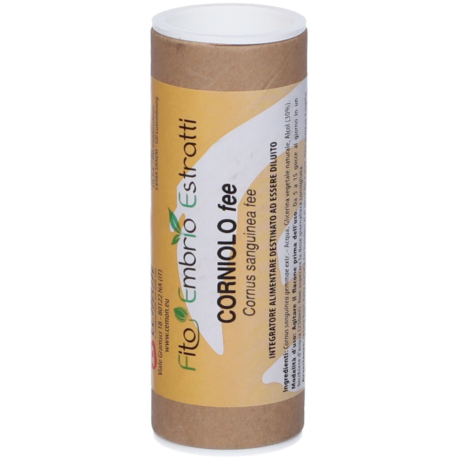 Confezione cilindrica con scritta: Fito Embryo Estratti, Corniolo fee, 15 ml.