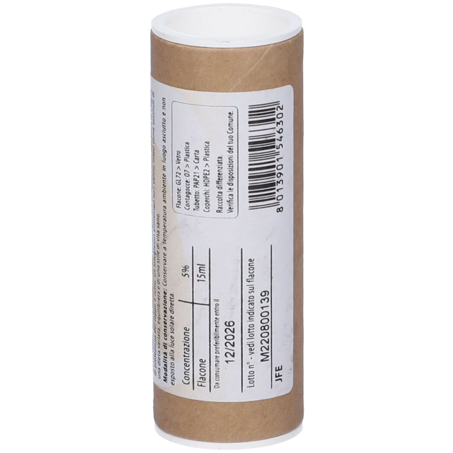 Tubo di cartone marrone con tappo bianco. Etichetta con testo. Nome del prodotto: Frassino fee. Scadenza: 12/2026.