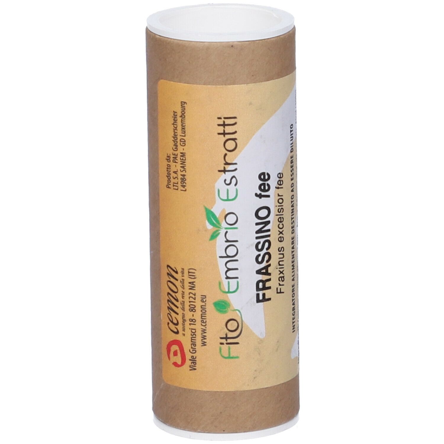 Tubo di cartone marrone con tappo bianco. Etichetta con testo. Nome del prodotto: Frassino fee.