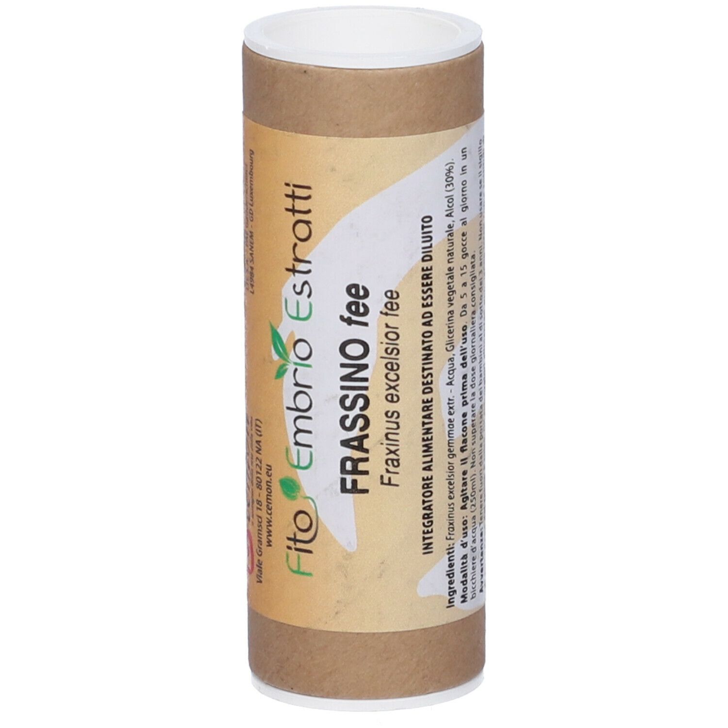 Tubo di cartone marrone con tappo bianco. Etichetta con testo. Nome del prodotto: Frassino fee. Ingredienti.