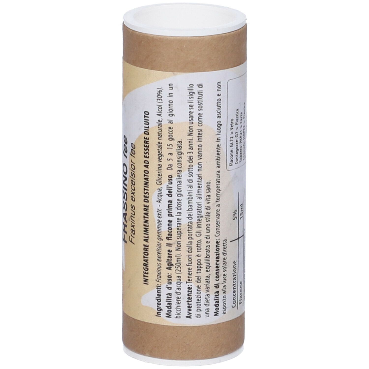 Tubo di cartone marrone con tappo bianco. Etichetta con testo. Nome del prodotto: Frassino fee. Istruzioni per l'uso.