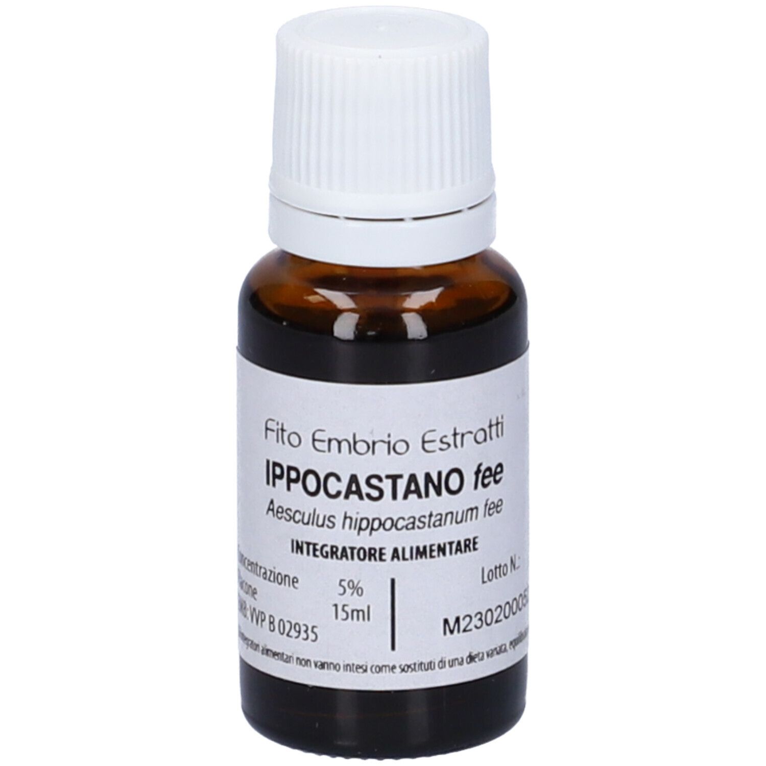 Flacone di vetro marrone con tappo bianco. Scritta: Fito Embryo Estratti Ippocastano fee, 15ml.