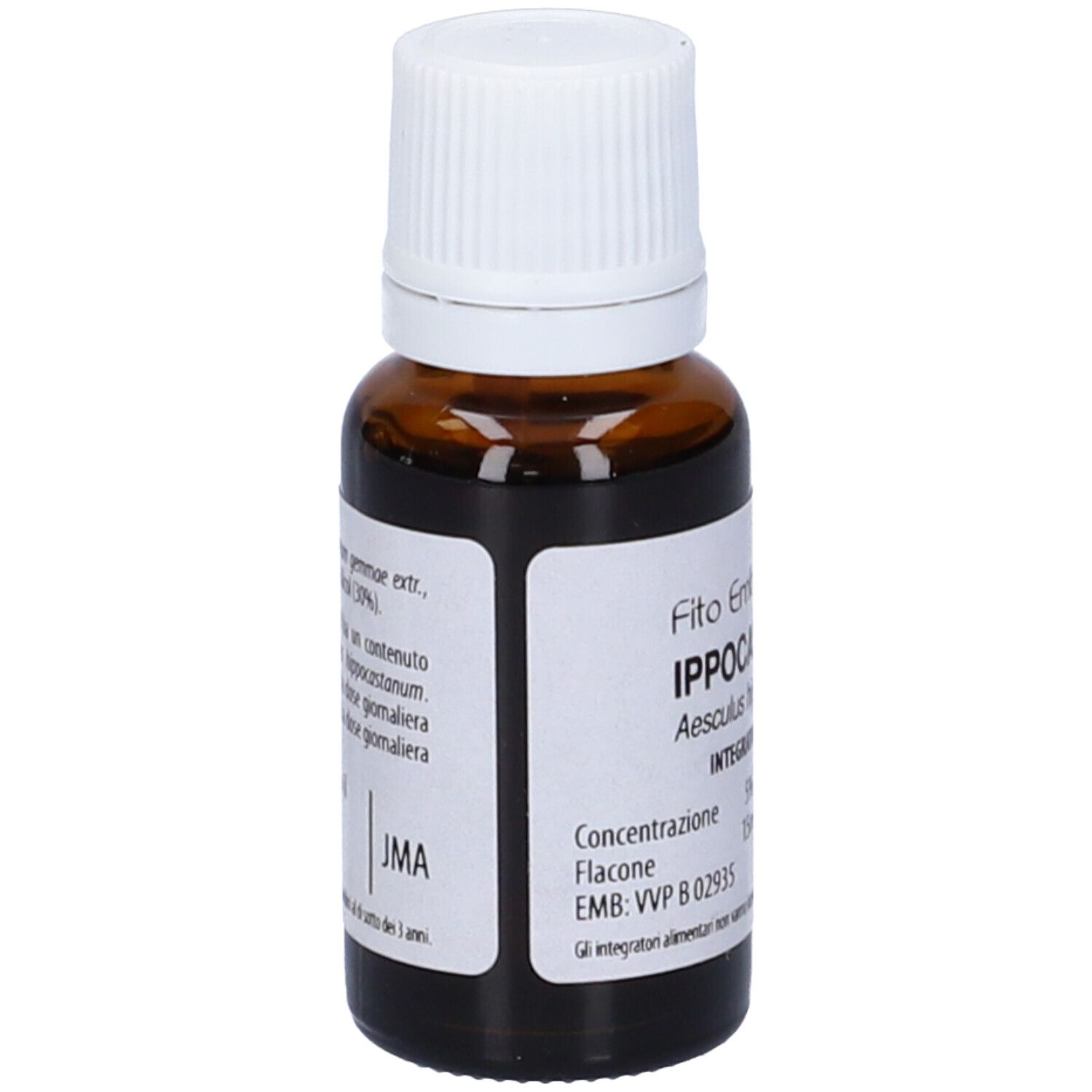 Flacone di vetro marrone con tappo bianco. Scritta: Fito Embryo Estratti Ippocastano fee, 15ml.