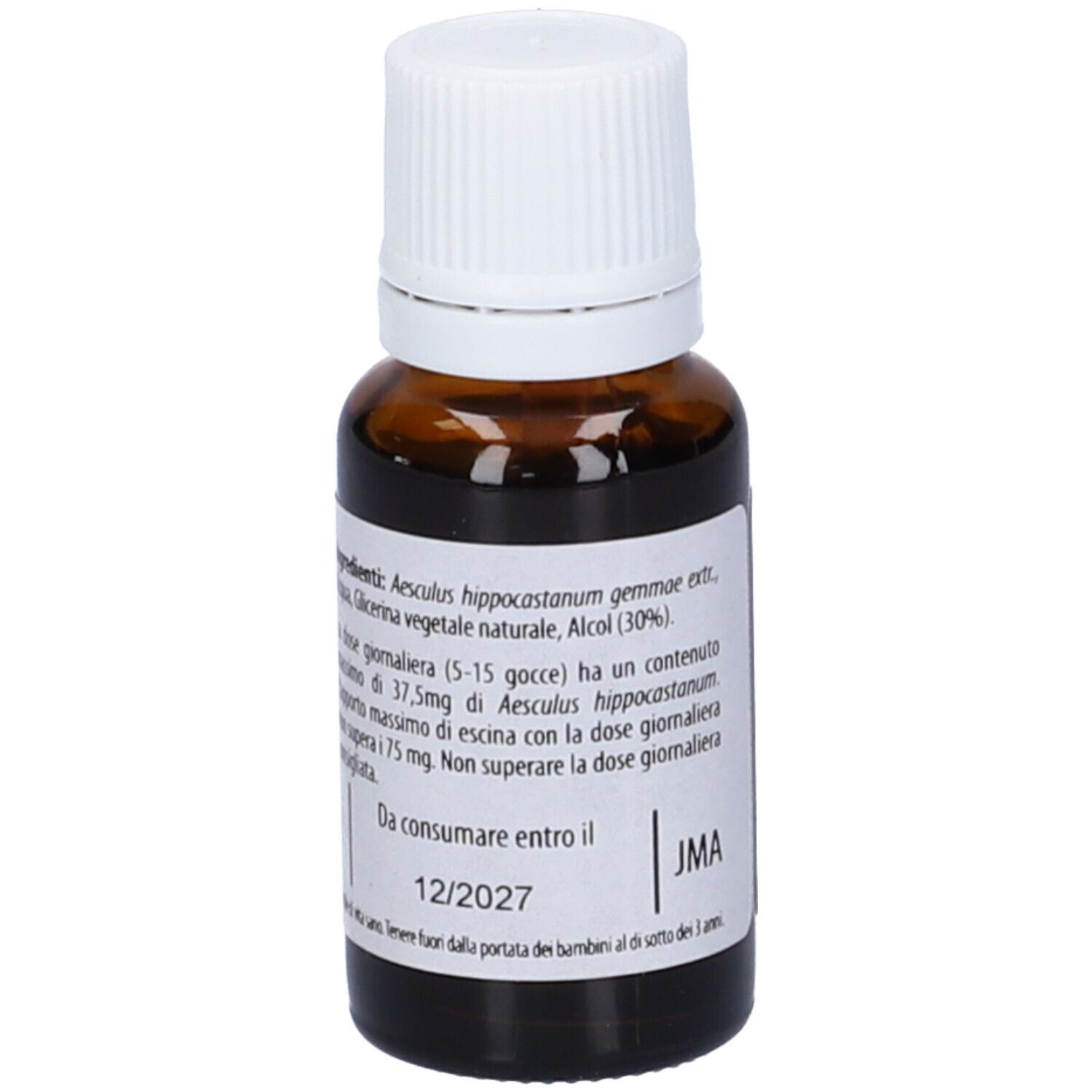 Flacone di vetro marrone con tappo bianco. Scritta: Fito Embryo Estratti Ippocastano fee, 15ml. Ingredienti sul retro.