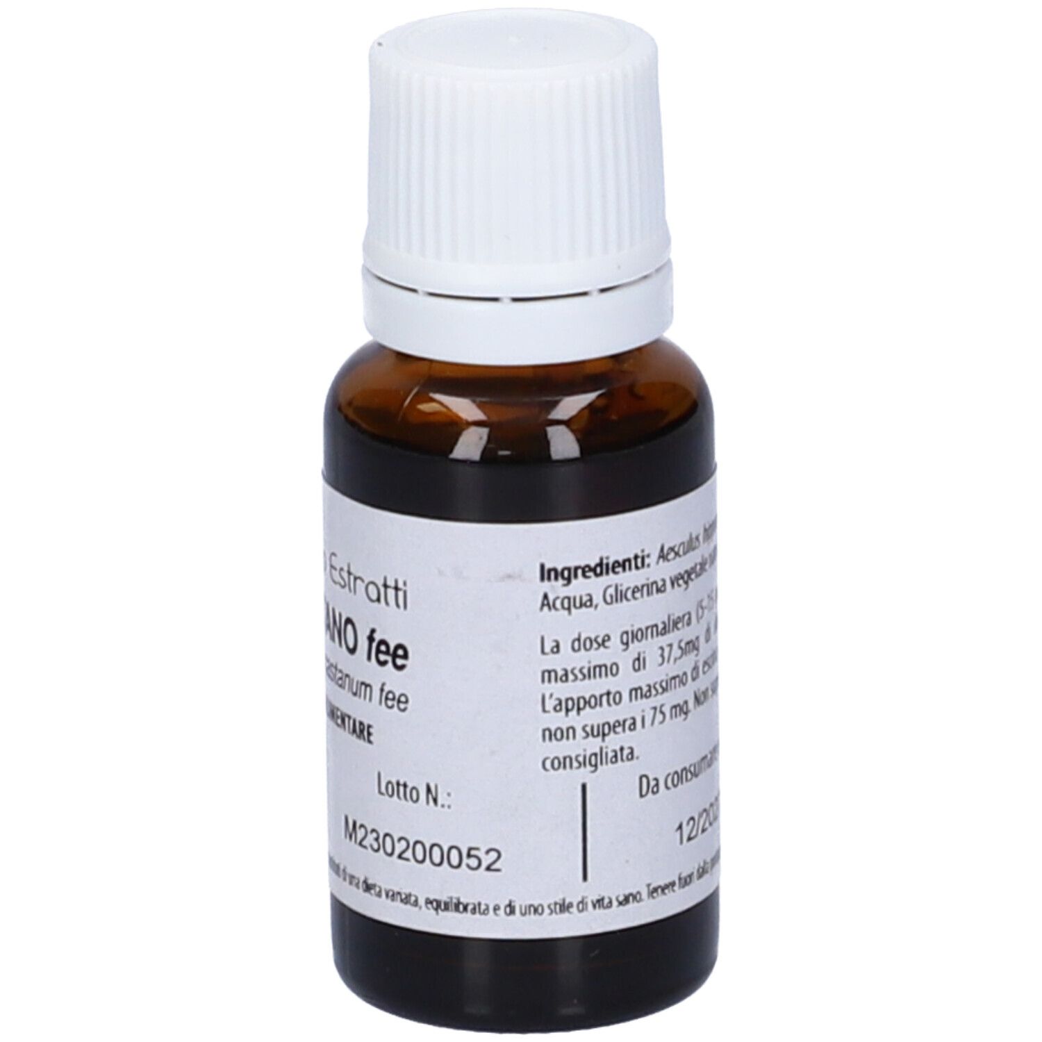 Flacone di vetro marrone con tappo bianco. Scritta: Fito Embryo Estratti Ippocastano fee, 15ml. Ingredienti sul retro.