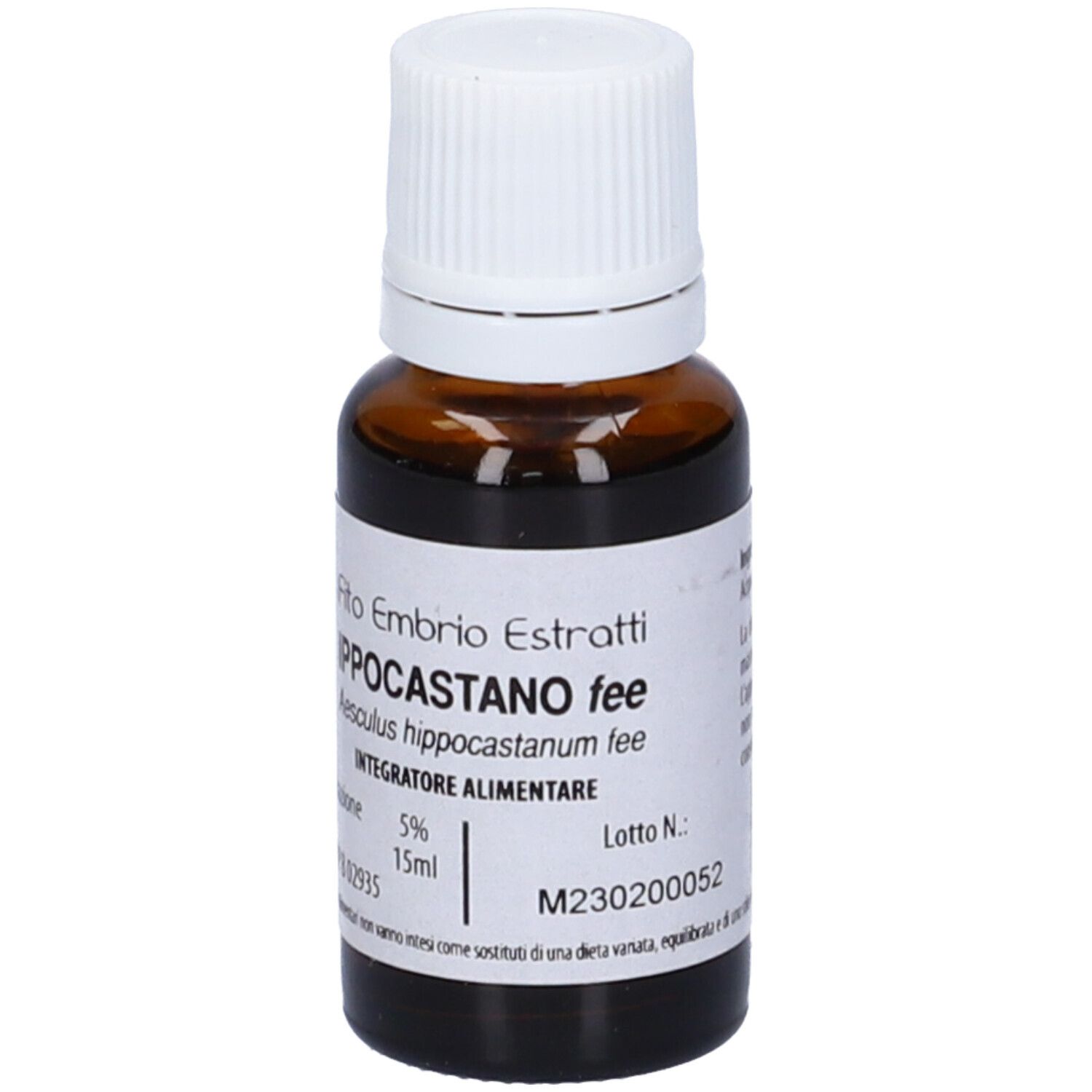 Flacone di vetro marrone con tappo bianco. Scritta: Fito Embryo Estratti Ippocastano fee, 15ml.