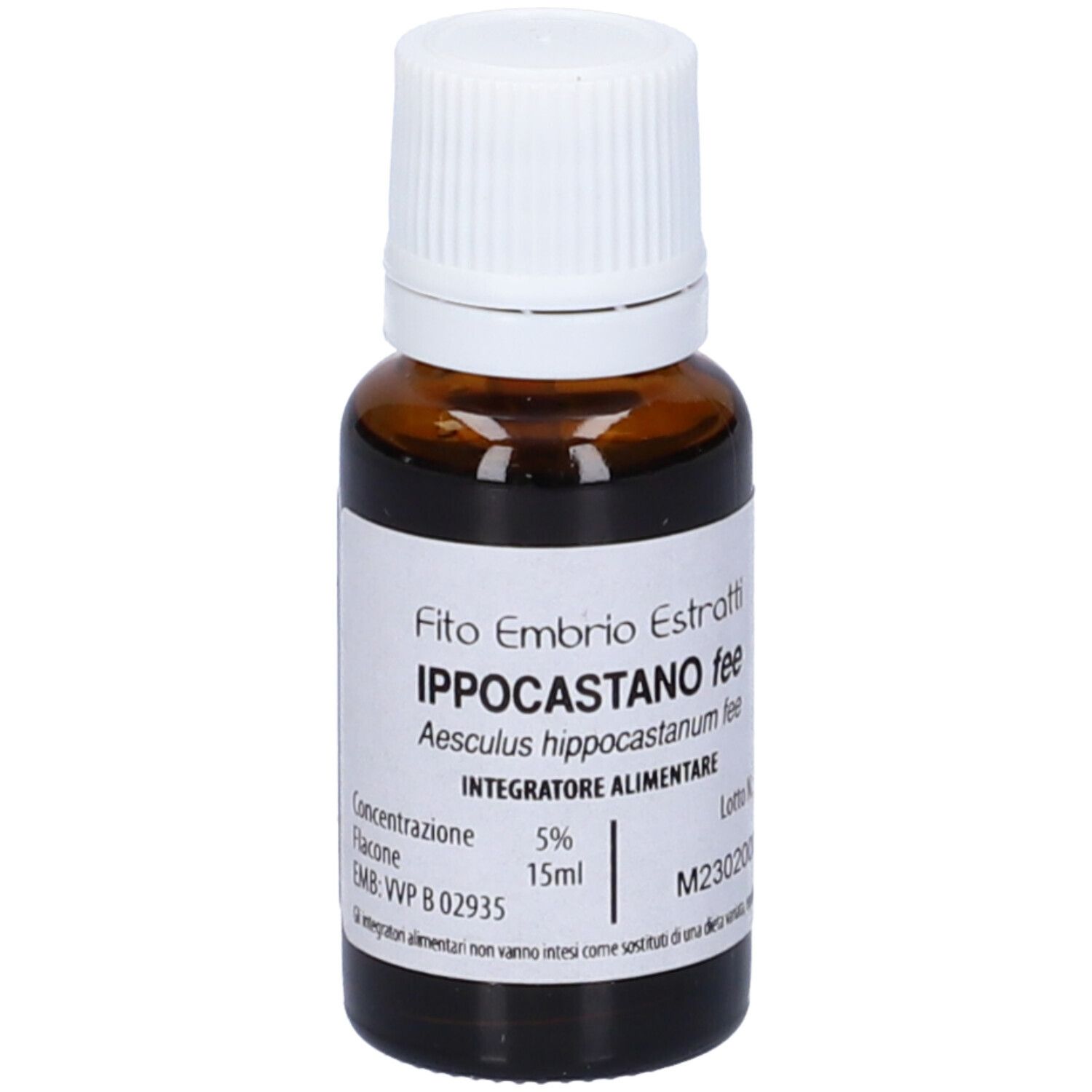 Flacone di vetro marrone con tappo bianco. Scritta: Fito Embryo Estratti Ippocastano fee, 15ml.
