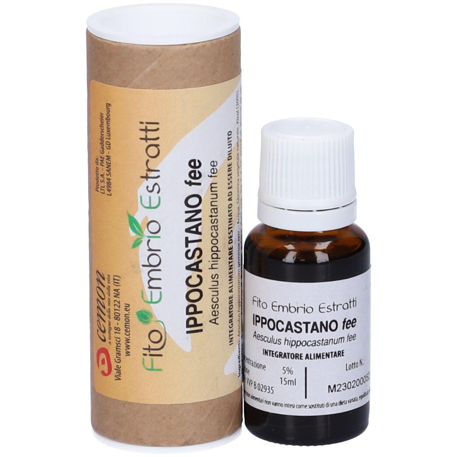 Flacone di vetro marrone con tappo bianco e confezione in cartone. Scritta: Fito Embryo Estratti Ippocastano fee, 15ml.