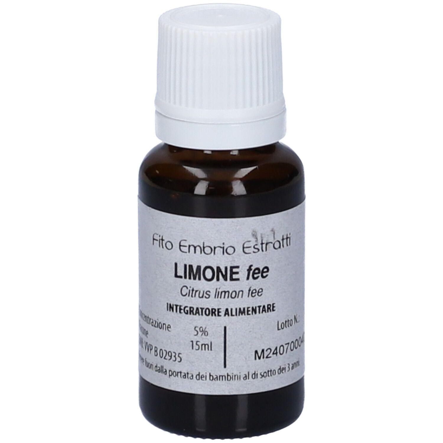 Flacone di vetro marrone con tappo bianco. Scritta: Fito Embryo Estratti LIMONE fee, 15ml.