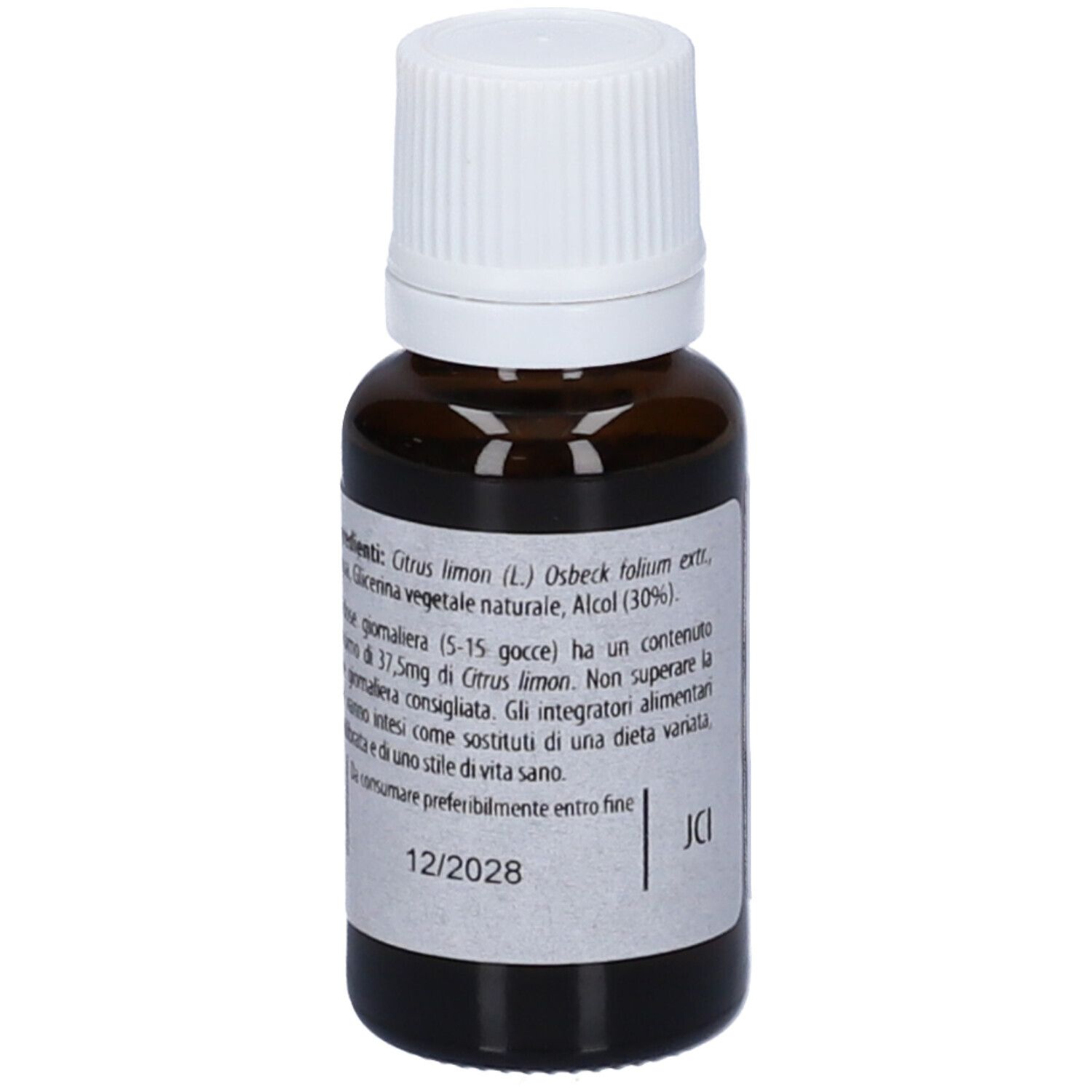 Flacone di vetro marrone con tappo bianco. Scritta: Fito Embryo Estratti LIMONE fee, 15ml.