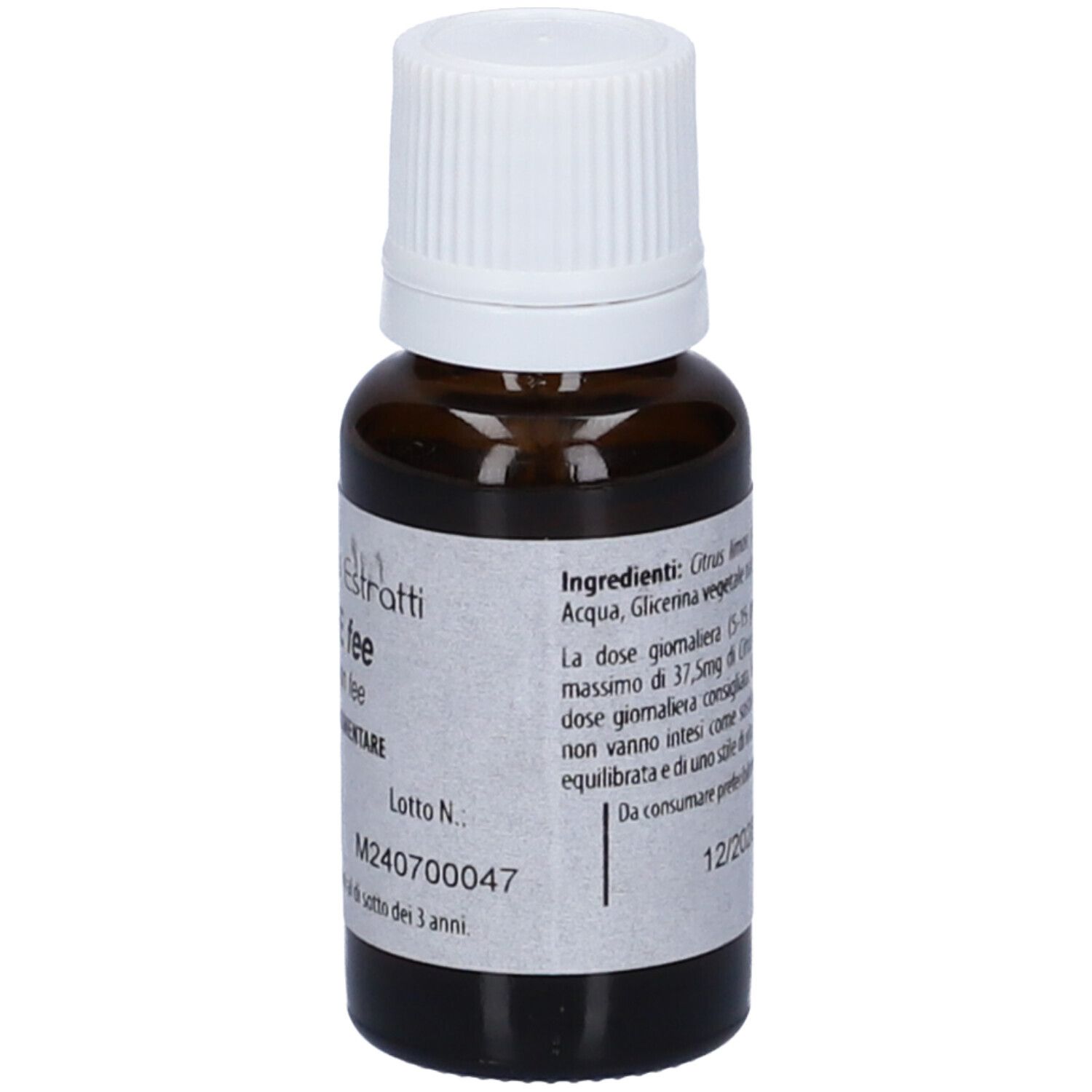 Flacone di vetro marrone con tappo bianco. Scritta: Fito Embryo Estratti LIMONE fee, 15ml.